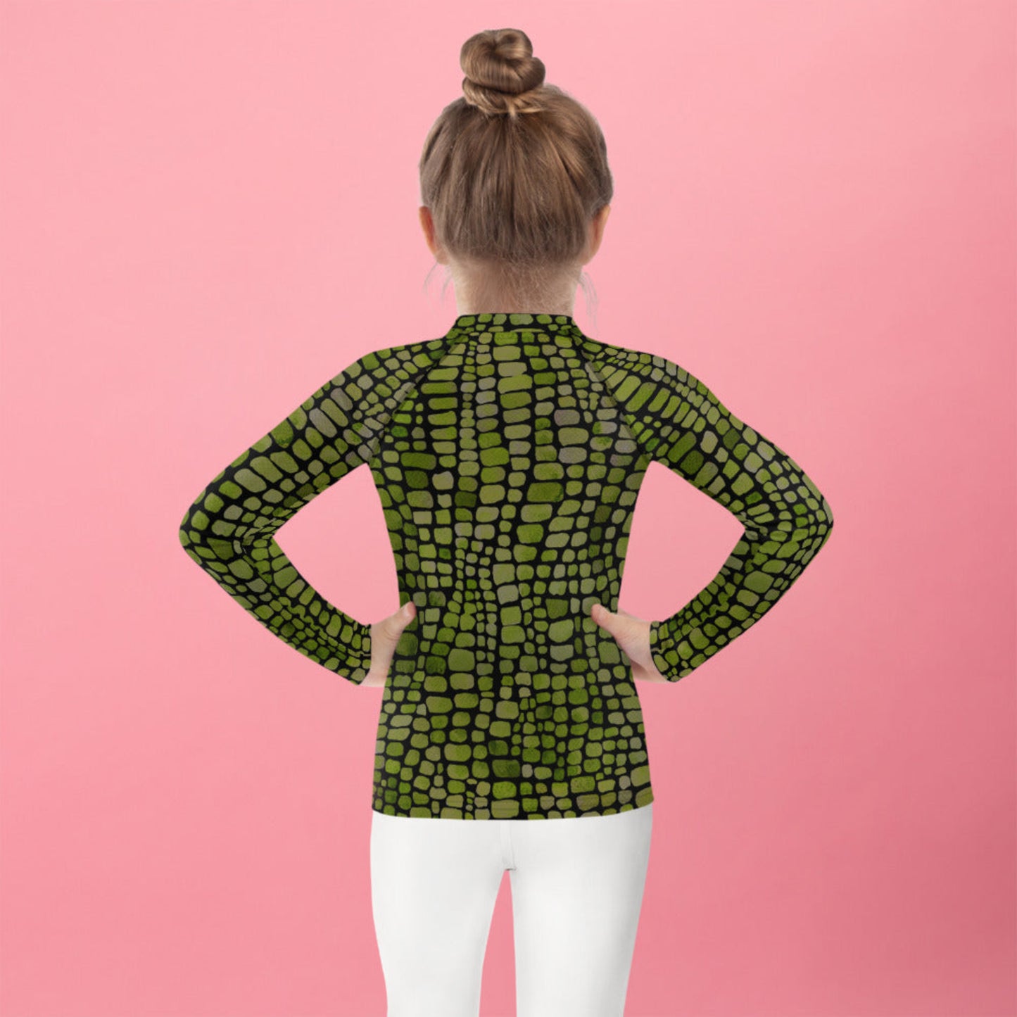 Toddler and kids long sleeve rash guard with green reptile scale print, great for pretend play or swimwear. Ideal for snake, dinosaur, lizard, or serpent-themed costumes. Available in 2T–7 sizes with UPF sun protection. A perfect choice for outdoor water fun, themed birthday parties, or Halloween-ready swim outfits for boys and girls who love reptiles and adventure.