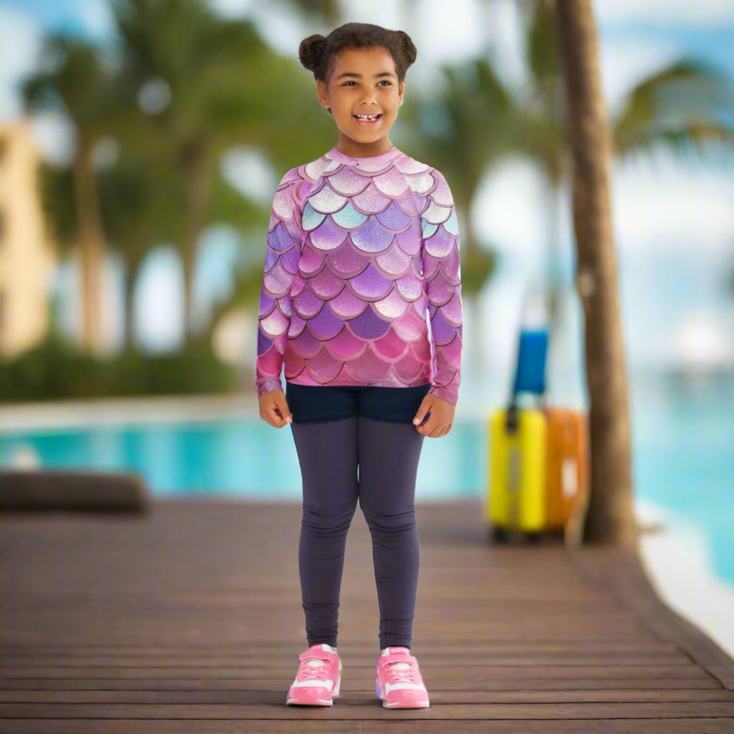 Image: Pink Mermaid Scales Girls rash guard. This swimwear is in toddler and girl sizes, and is part of a family matching swimwear collection. It features mermaid scales in shades of pink, blue and purple, by jaecrece