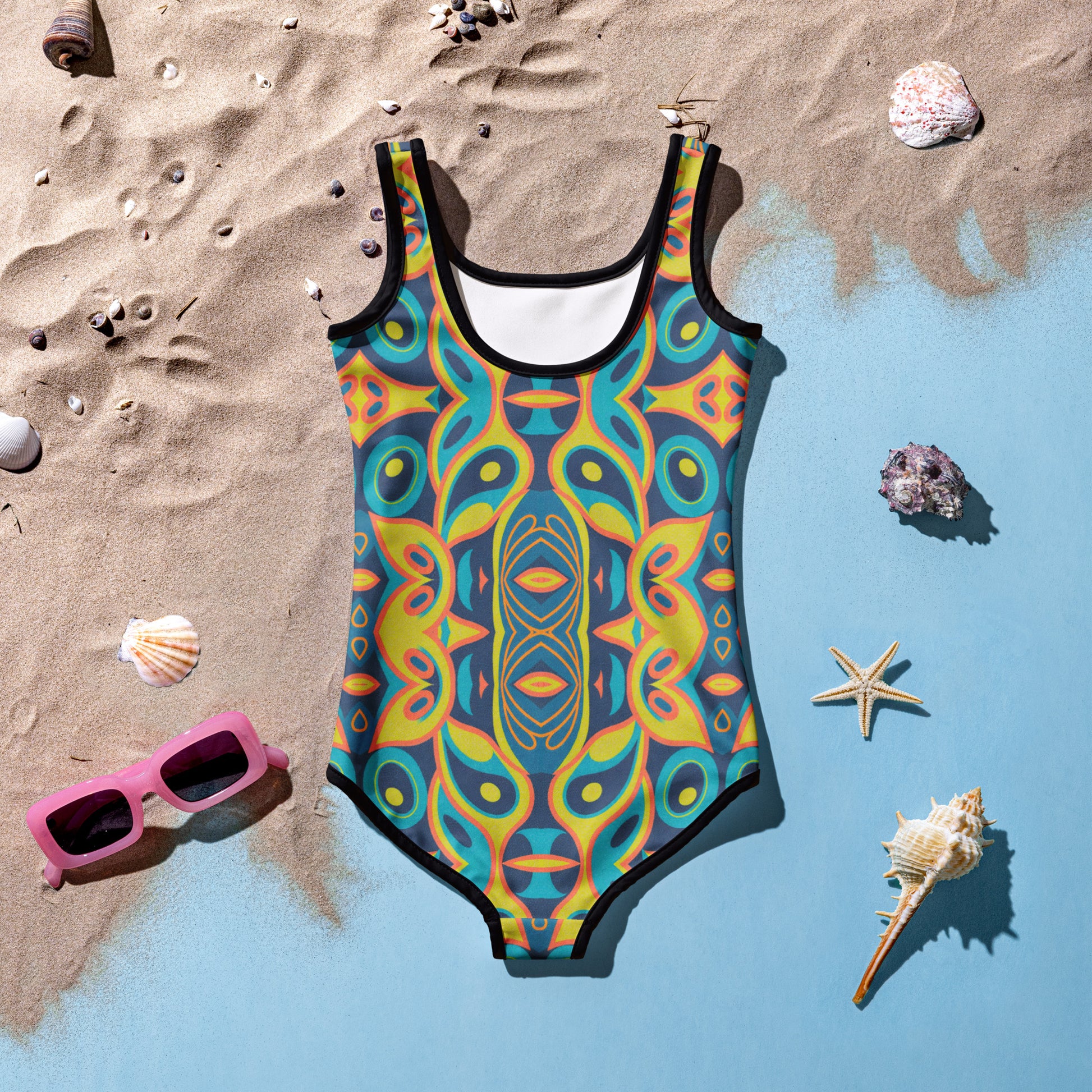 Stand out this summer with our girls mid-century modern swimsuit, designed in a vibrant 60s mosaic pattern. Sized for toddlers and girls (2T–7), this retro bathing suit offers sun protection, soft stretch, and all-day comfort. A unique and colorful addition to your little one’s swim wardrobe, it’s perfect for beach trips, splash pads, and poolside fun. A go-to for mod moms, vintage lovers, and summer family photos.