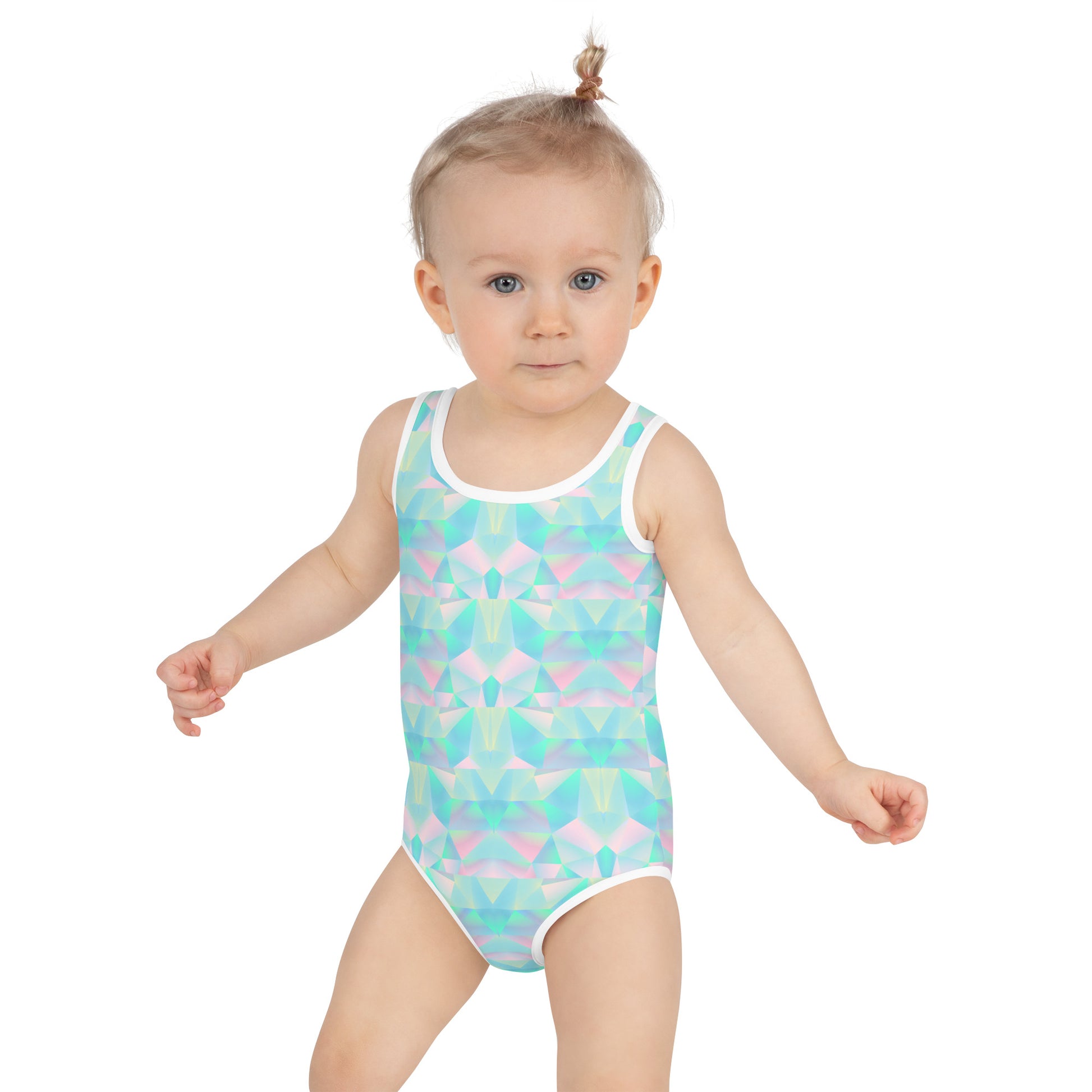 Girls toddler pastel swimsuit in sizes 2T–7, designed with bright rainbow colors, a secure double-layered front, and UPF 38–40 fabric for safe summer fun. Comfortable microfiber yarn and four-way stretch allow for active play at the pool or beach. This swimsuit is part of a family matching swimwear collection that includes sizes for girls 8–20, women’s swimsuits, men’s trunks, and a coordinating pastel beach towel.