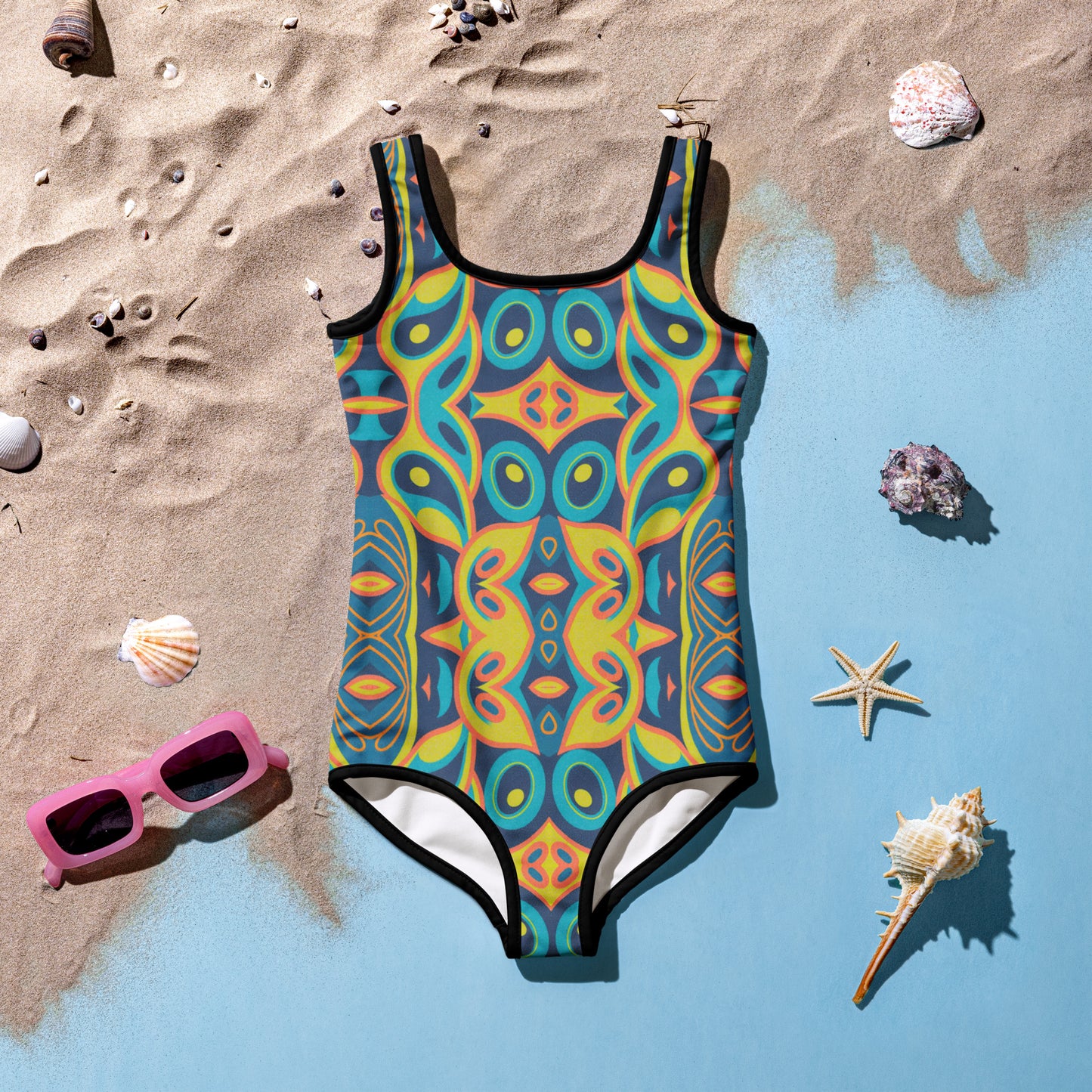 Mid Century Modern Mosaic Girls Swimsuit (Size 2T-7)