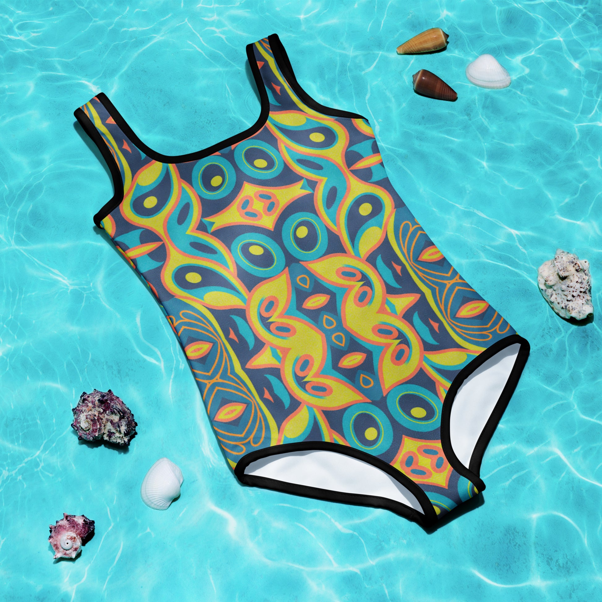 Colorful and bold, this Mid Century Modern Mosaic Girls Swimsuit (2T–7) features a vibrant retro pattern inspired by 60s design. Perfect for toddlers and little girls, this soft and stretchy one-piece includes UPF 38–40 sun protection and double-layered comfort for swim lessons, beach days, and summer adventures. Ideal for fashion-forward families looking for stylish, vintage-inspired kids swimwear that stands out.
