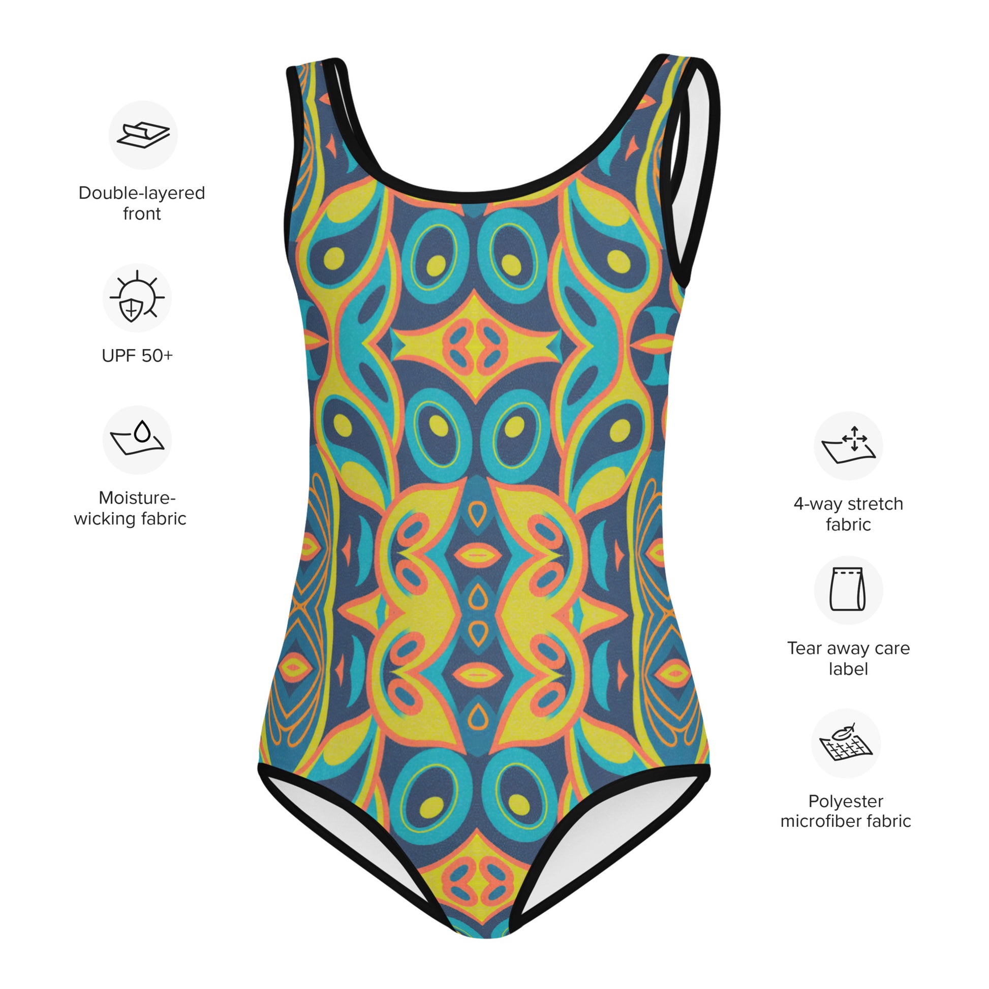 Featuring bold geometric patterns and mod colors, this mid-century modern swimsuit for toddlers and girls (2T–7) delivers vintage vibes with UPF protection and cozy stretch fabric. A stylish one-piece for beach days, pool parties, or vacations, it blends nostalgic charm with modern comfort. Ideal for retro-loving families and trendy kids who want to splash in style while staying comfy and covered.