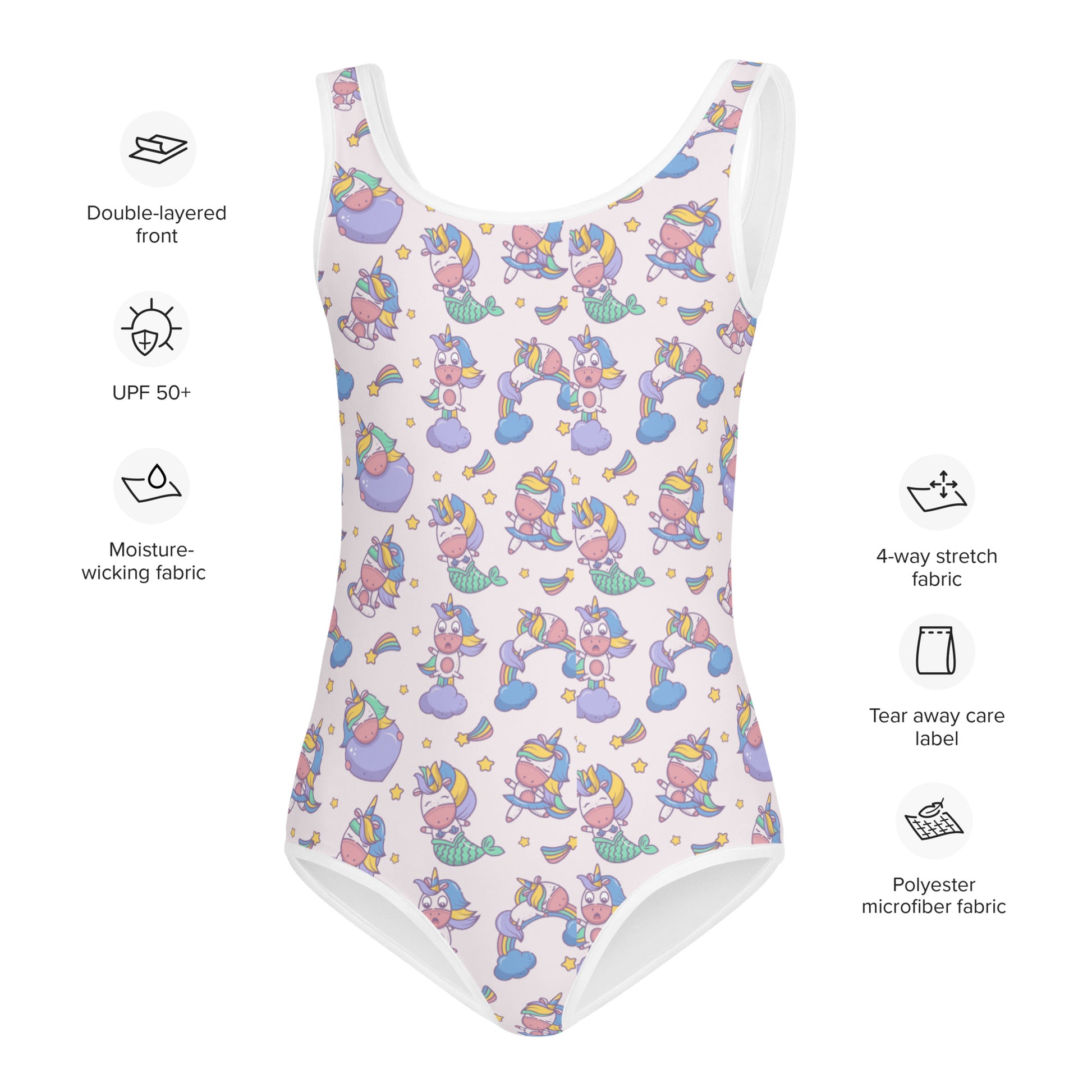 Image: Child bathing suit in toddler and girl sizes 2T-7, featuring a pink background with a cute Kawaii whimsical creature pattern of unicorn mermaids, rainbows and stars. Perfect as a Christmas gift, birthday present, or for your childs next pool party, by jaecrece