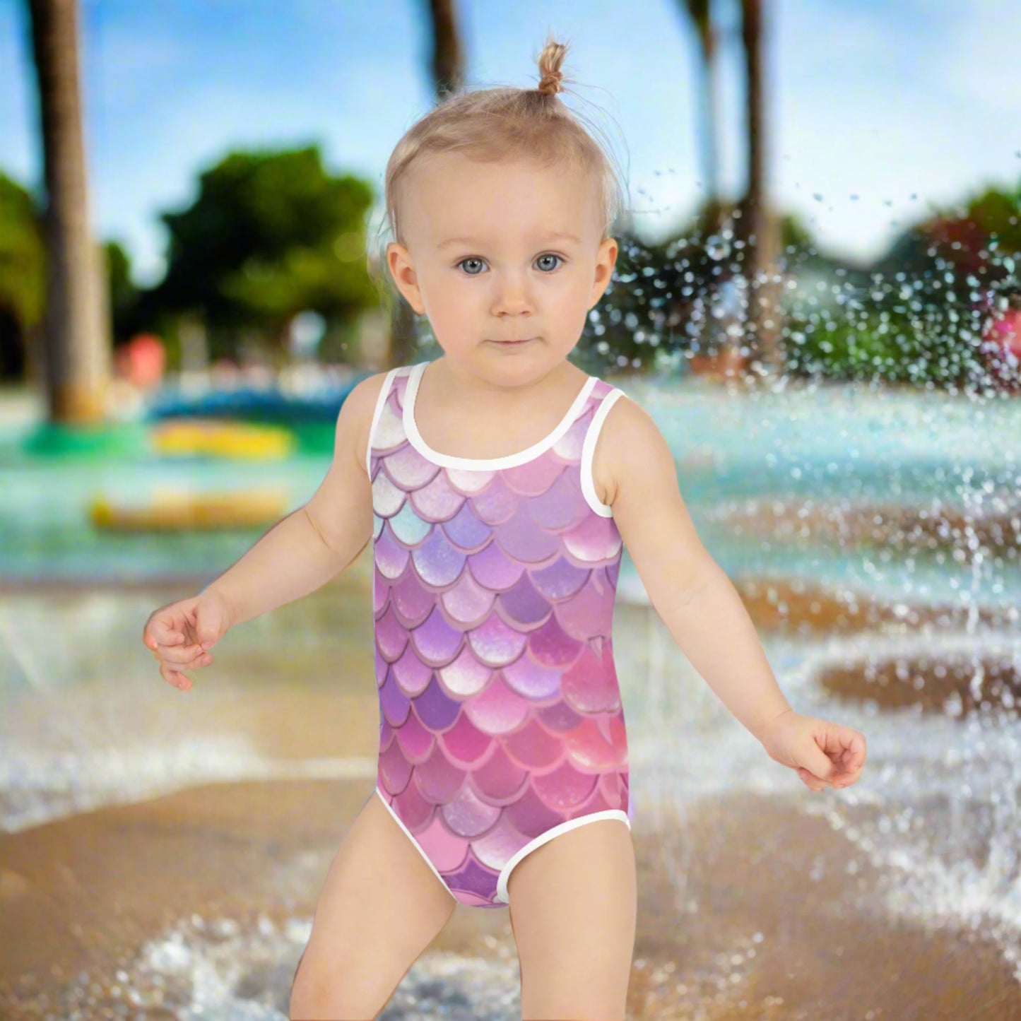 Toddler wearing the Mermaid One-Piece Swimsuit by JaeCrece in size 2T–7, featuring a colorful mermaid scale pattern in pink, purple, blue, and white. This girls’ swimsuit is made from soft, stretchy microfiber fabric with a double-layered front for added comfort and coverage. UPF 38–40 sun protection shields delicate skin during beach days, pool play, and summer water fun.