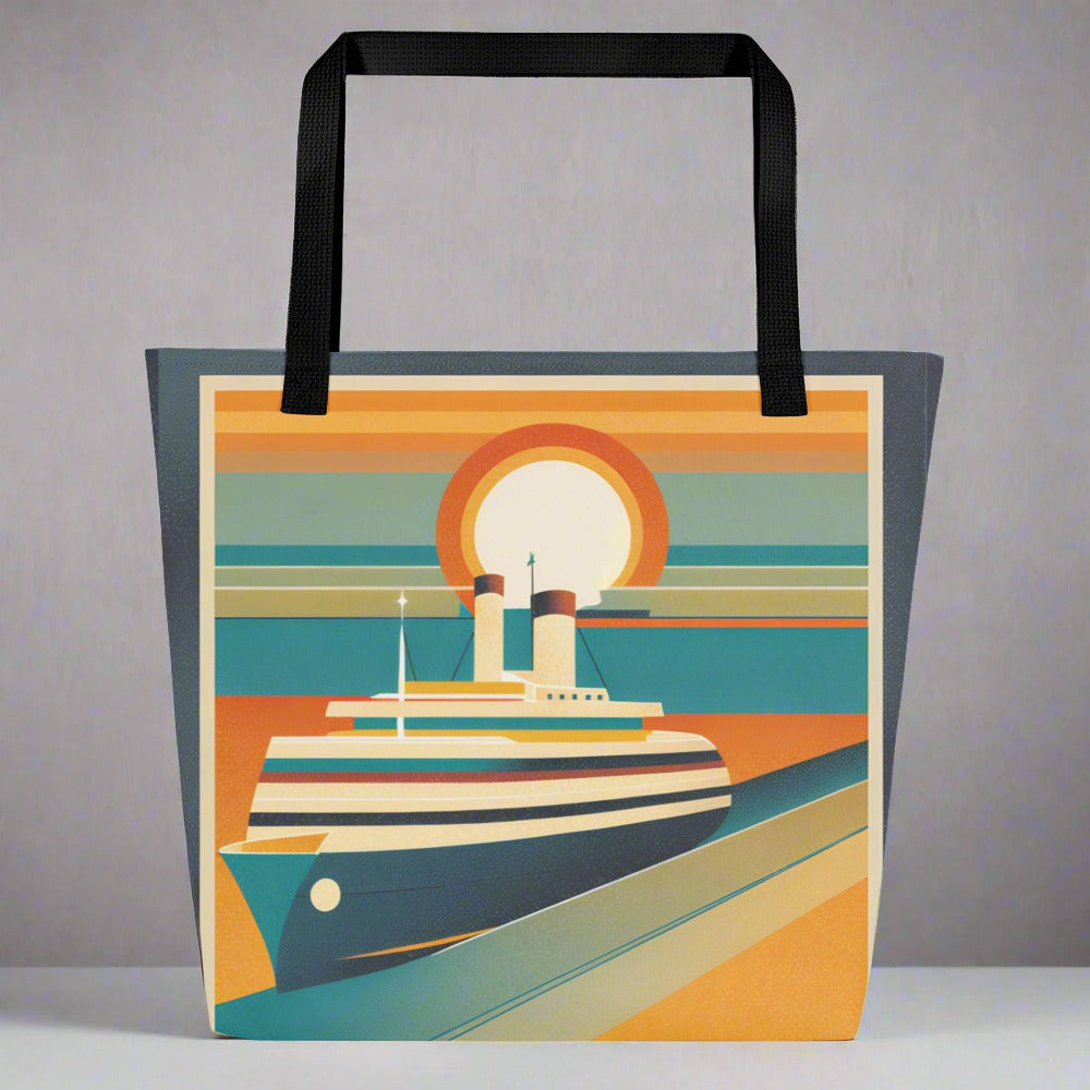 Large all over print tote bag, with a mid century modern scene of a retro cruise ship sailing on the ocean during sunset, by jaecrece.com