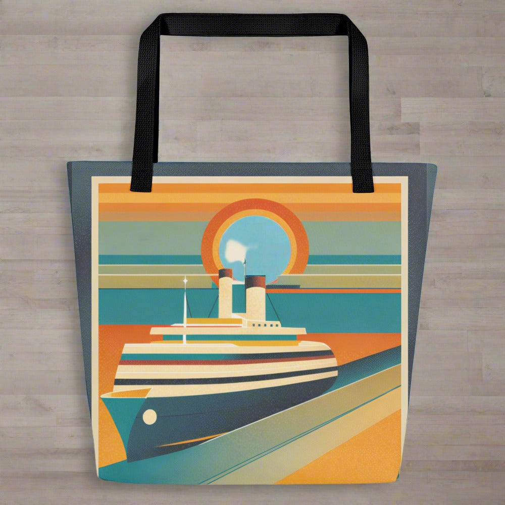 Large all over print tote bag, with a mid century modern scene of a retro cruise ship sailing on the ocean during sunset, by jaecrece.com