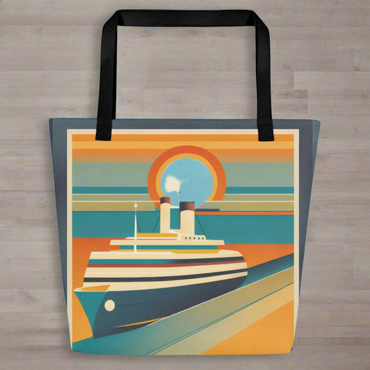 Large all over print tote bag, with a mid century modern scene of a retro cruise ship sailing on the ocean during sunset, by jaecrece.com