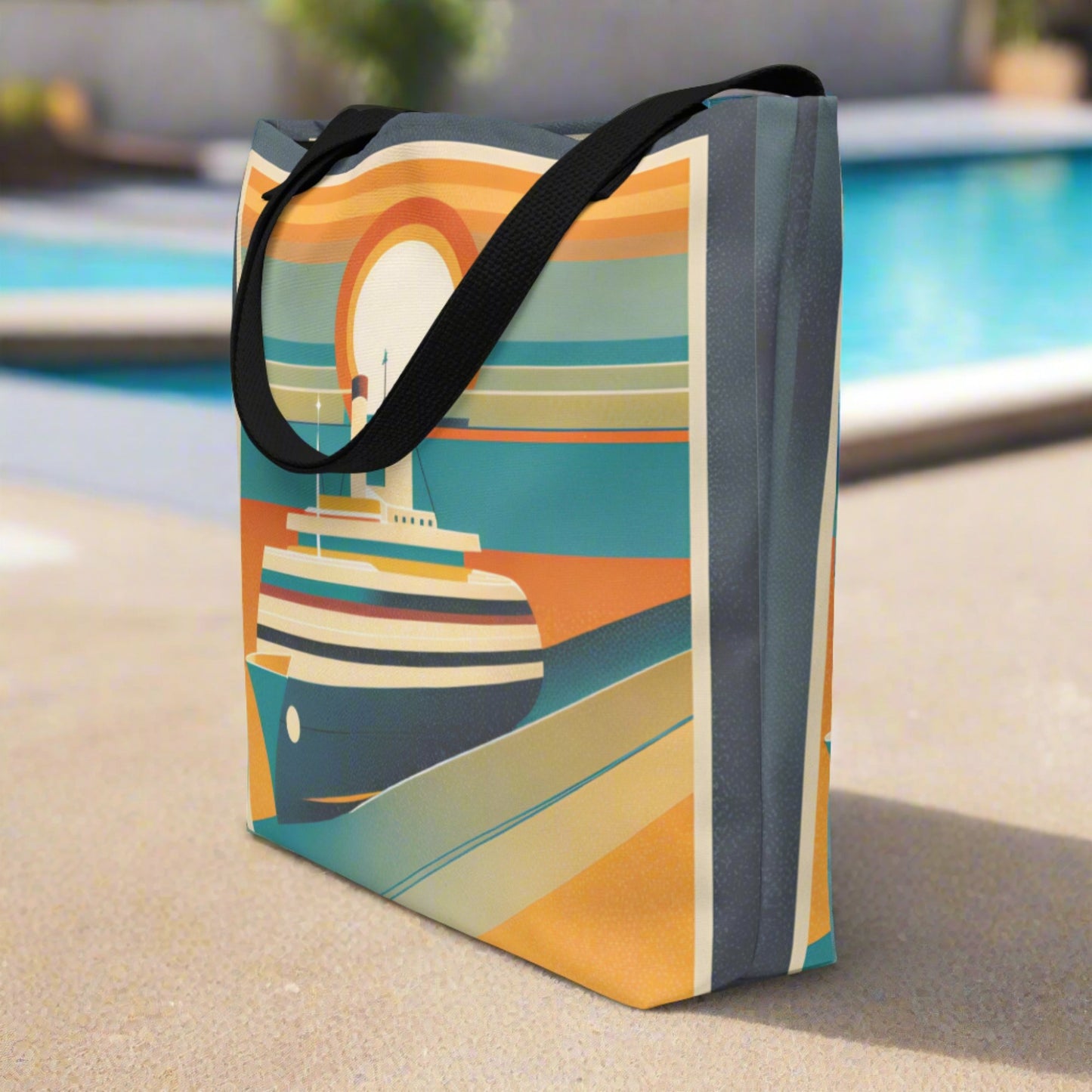 Large all over print tote bag, with a mid century modern scene of a retro cruise ship sailing on the ocean during sunset, by jaecrece.com