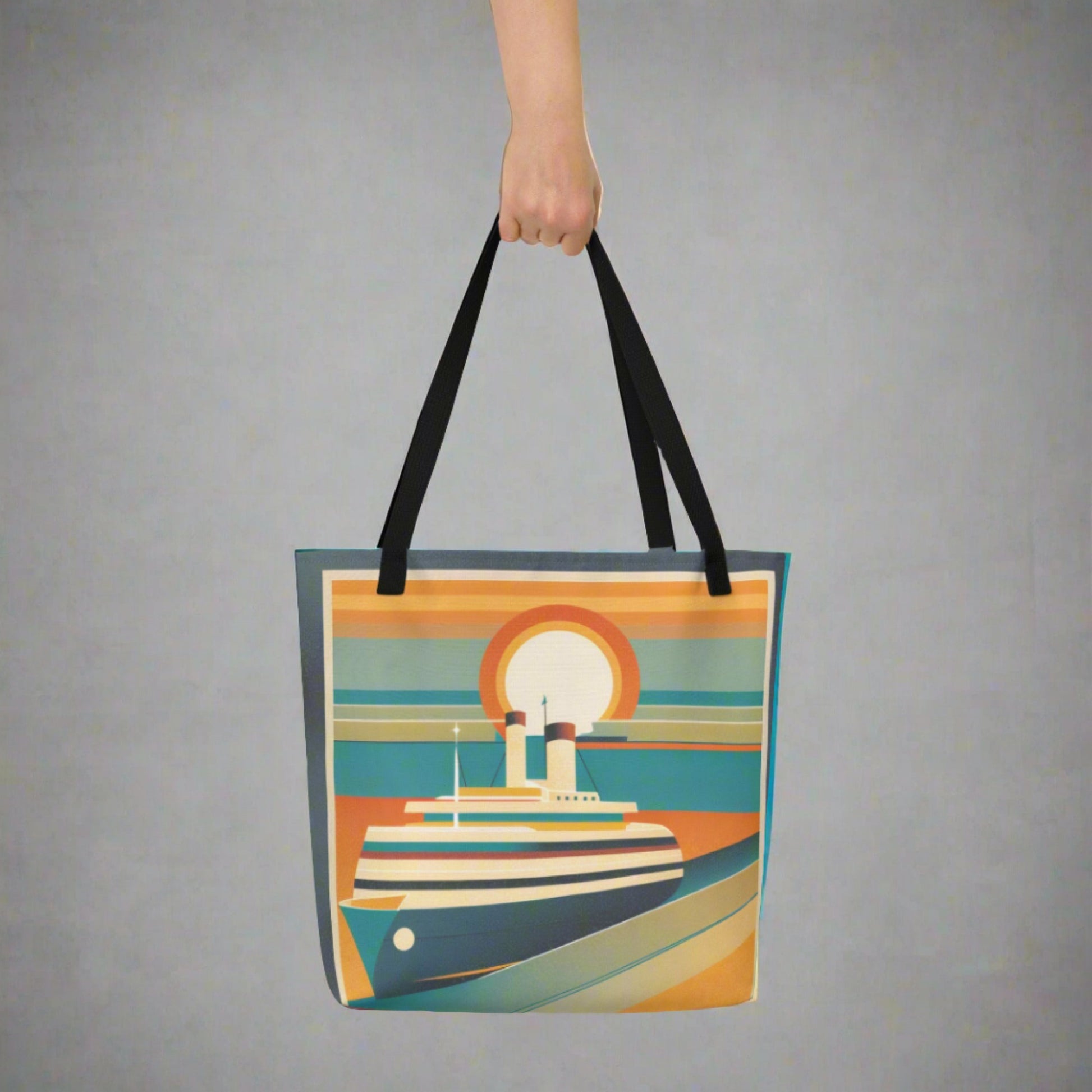 Large all over print tote bag, with a mid century modern scene of a retro cruise ship sailing on the ocean during sunset, by jaecrece.com