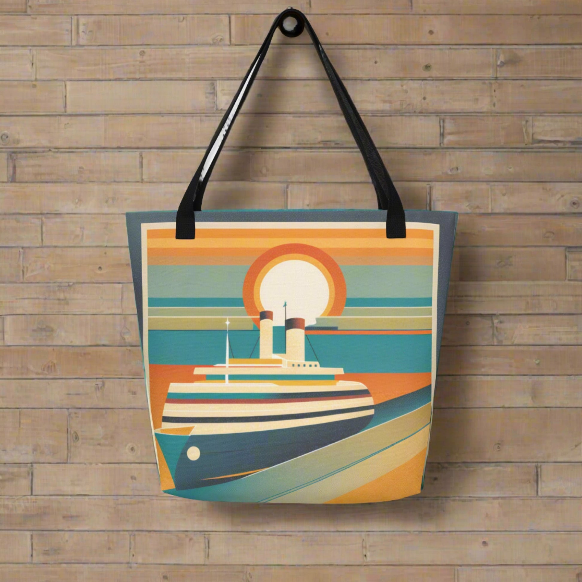 Large all over print tote bag, with a mid century modern scene of a retro cruise ship sailing on the ocean during sunset, by jaecrece.com