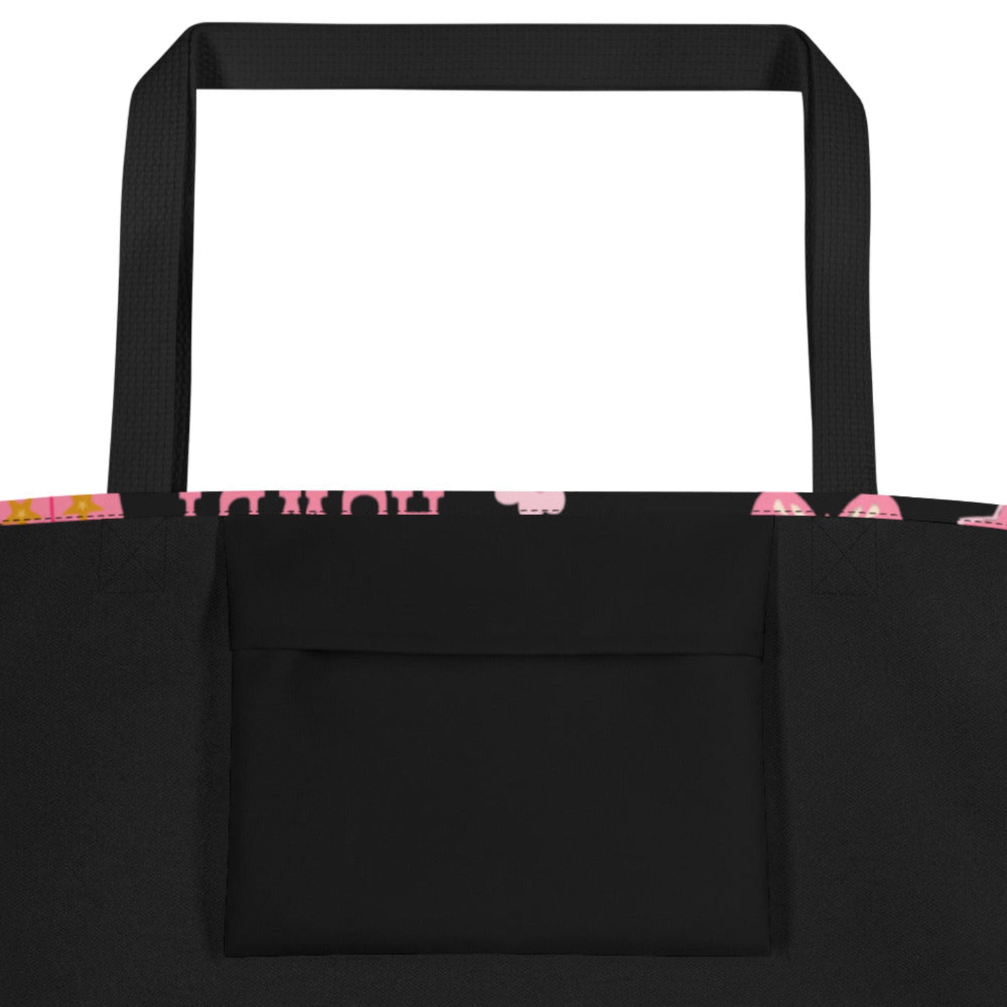 Image: Disco Cowgirl Tote Bag. This western glam canvas shoulder bag has a black background with a pink, white and pink pattern of butterflies, daisies, cowgirl hats and boots. The text on the bag reads Howdy, Yee-Haw and Disco Cowgirl. Great for weekend girls trips or bachelorette parties in Nashville, by jaecrece