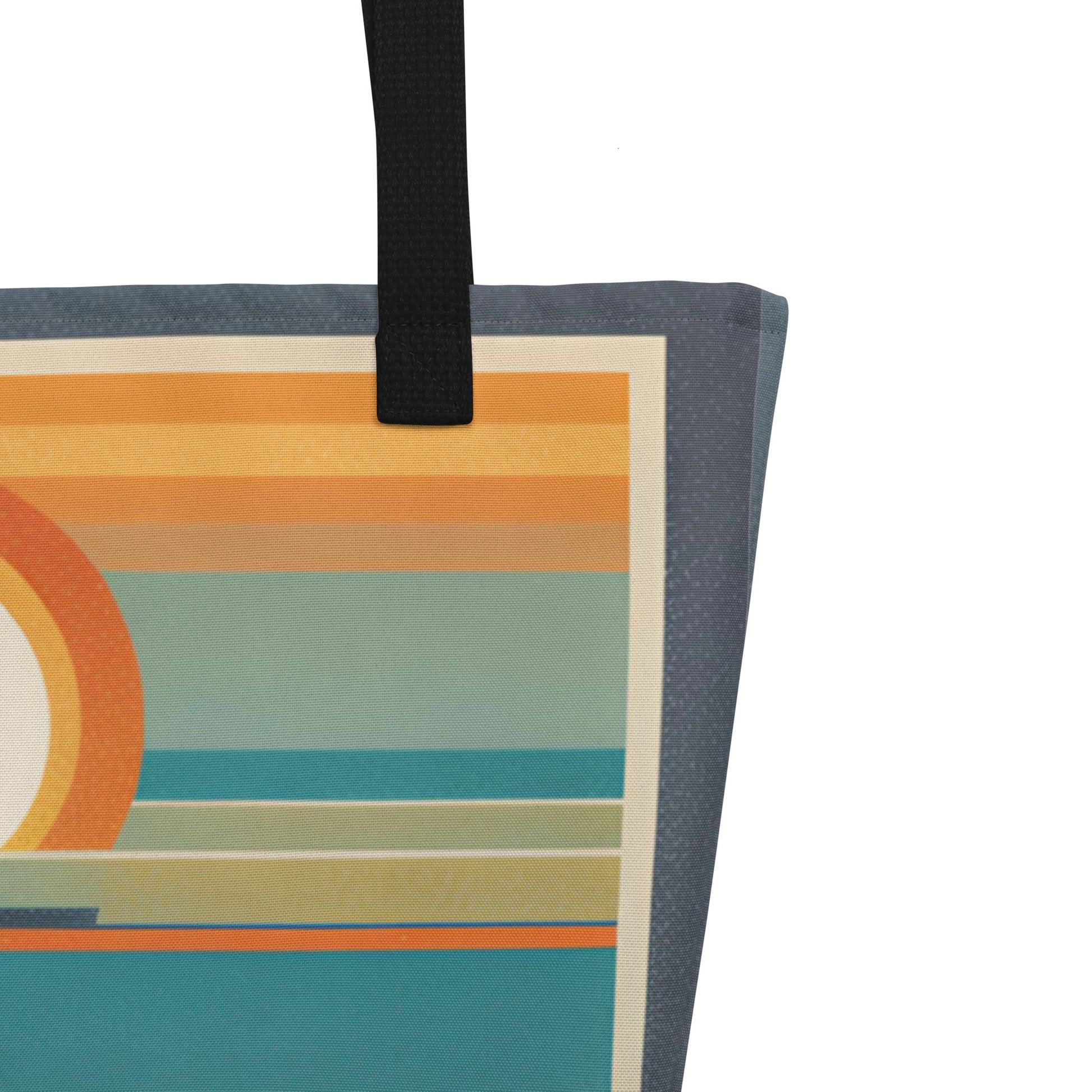 Large all over print tote bag, with a mid century modern scene of a retro cruise ship sailing on the ocean during sunset, by jaecrece.com