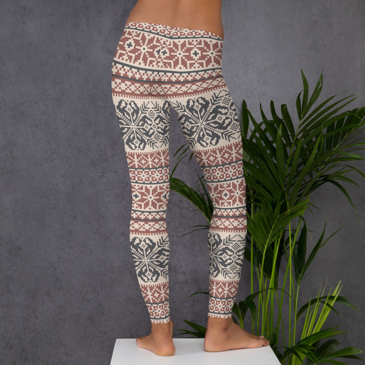 Image: Fair Isle Leggings with a Nordic Snowflake pattern in cream, maroon and navy blue. Scandi Active wear yoga pants for women, by jaecrece