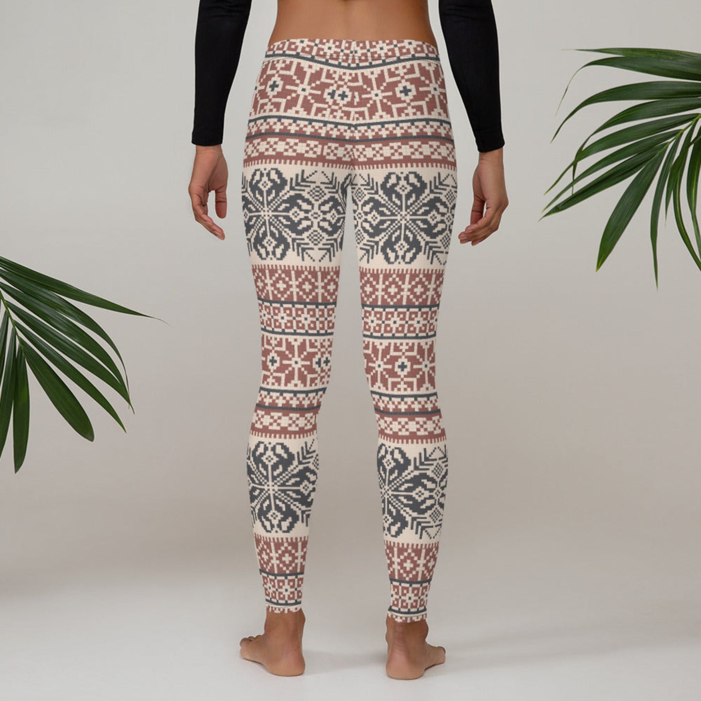 Image: Fair Isle Leggings with a Nordic Snowflake pattern in cream, maroon and navy blue. Scandi Active wear yoga pants for women, by jaecrece