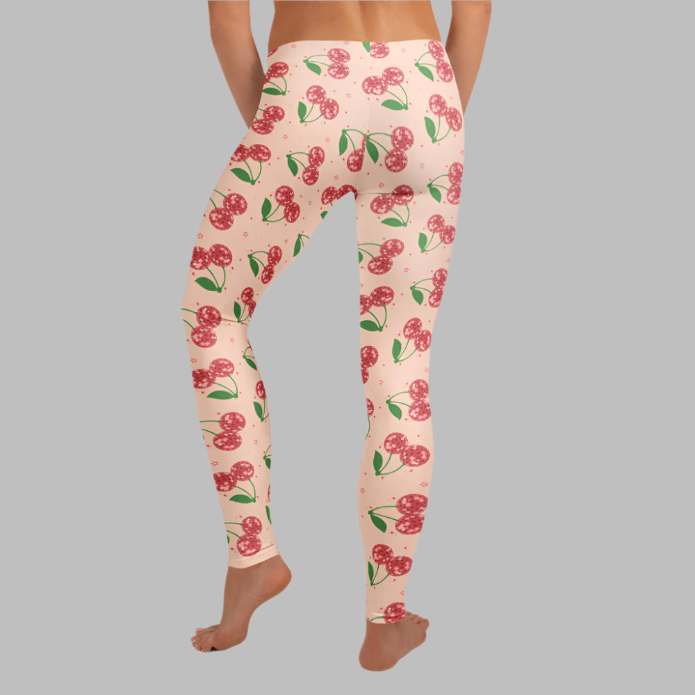 Image: Pink Leggings with red Disco Ball Cherries, available in toddler, girl, teen, tween and ladies sizes. Perfect for Valentines Day, yoga class, bachelorette parties, or mommy and me match outfits, by jaecrece