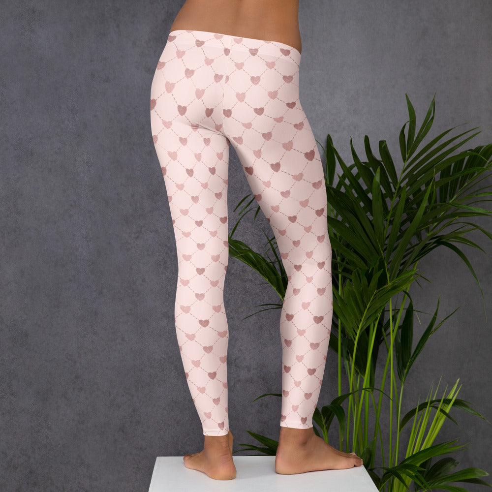 Image: Pale Pink Leggings with dainty heart accents. Available in sizes for toddler girls, teens, tweens and women. Perfect for Valentines day, or any family matching activity, by jaecrece