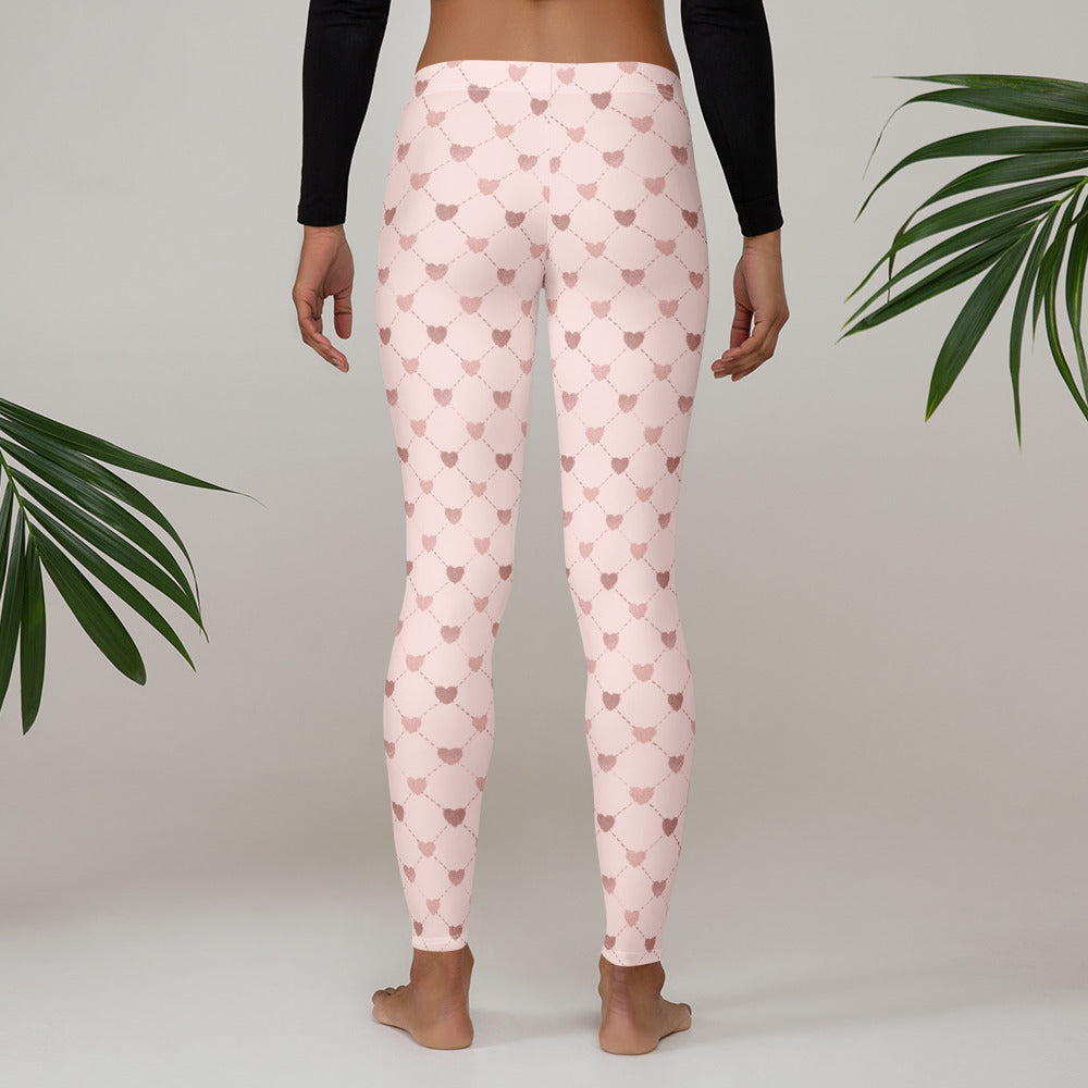 Image: Pale Pink Leggings with dainty heart accents. Available in sizes for toddler girls, teens, tweens and women. Perfect for Valentines day, or any family matching activity, by jaecrece