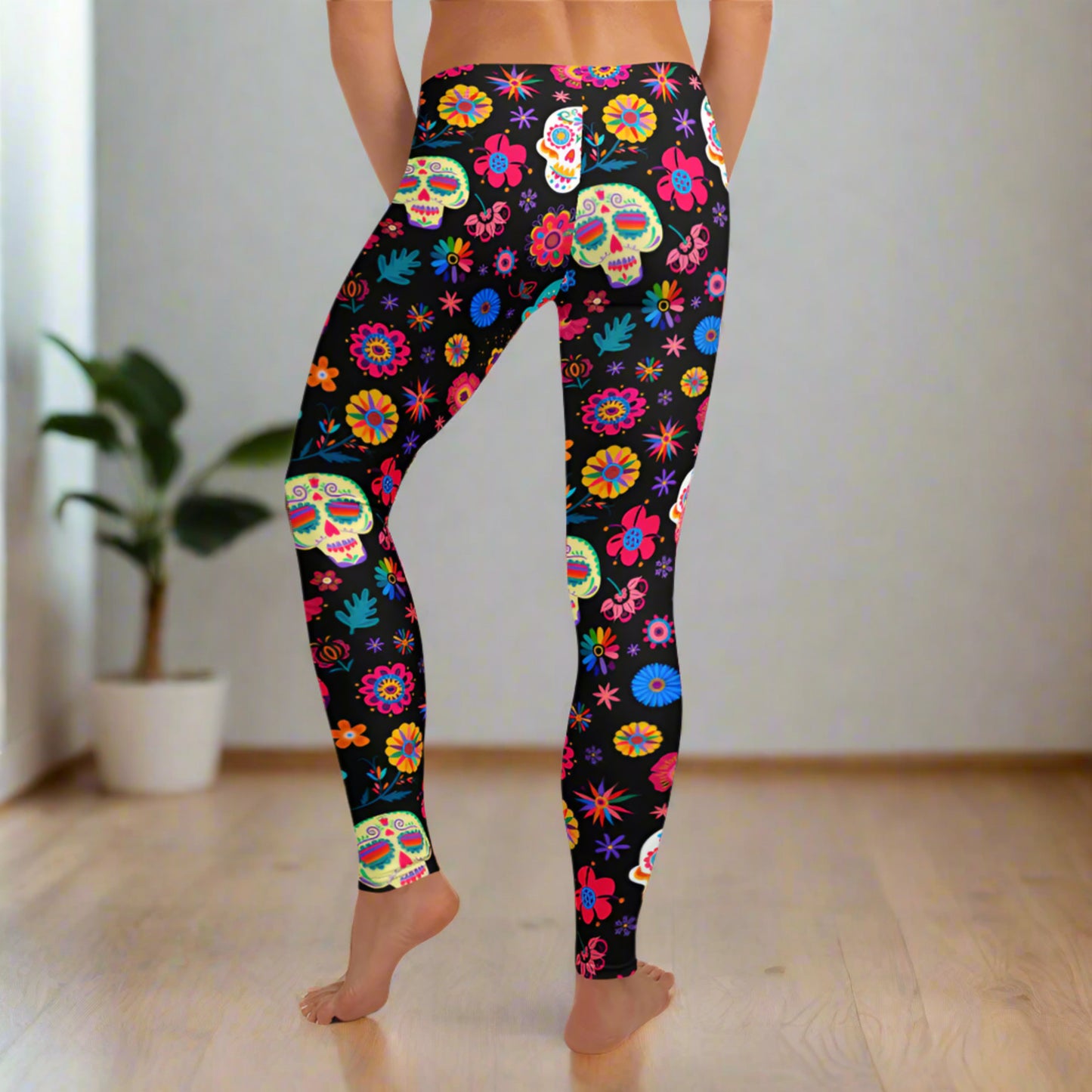 Vibrant and festive, these Día de los Muertos leggings for women feature sugar skull artwork and floral accents that celebrate Mexican culture. Available in sizes XS–XL with a comfortable mid-rise waistband, they’re ideal for Halloween, fall parties, and themed classroom looks. Made from a soft, stretchy blend that moves with you. Coordinates with toddler and youth leggings for matching family outfits.