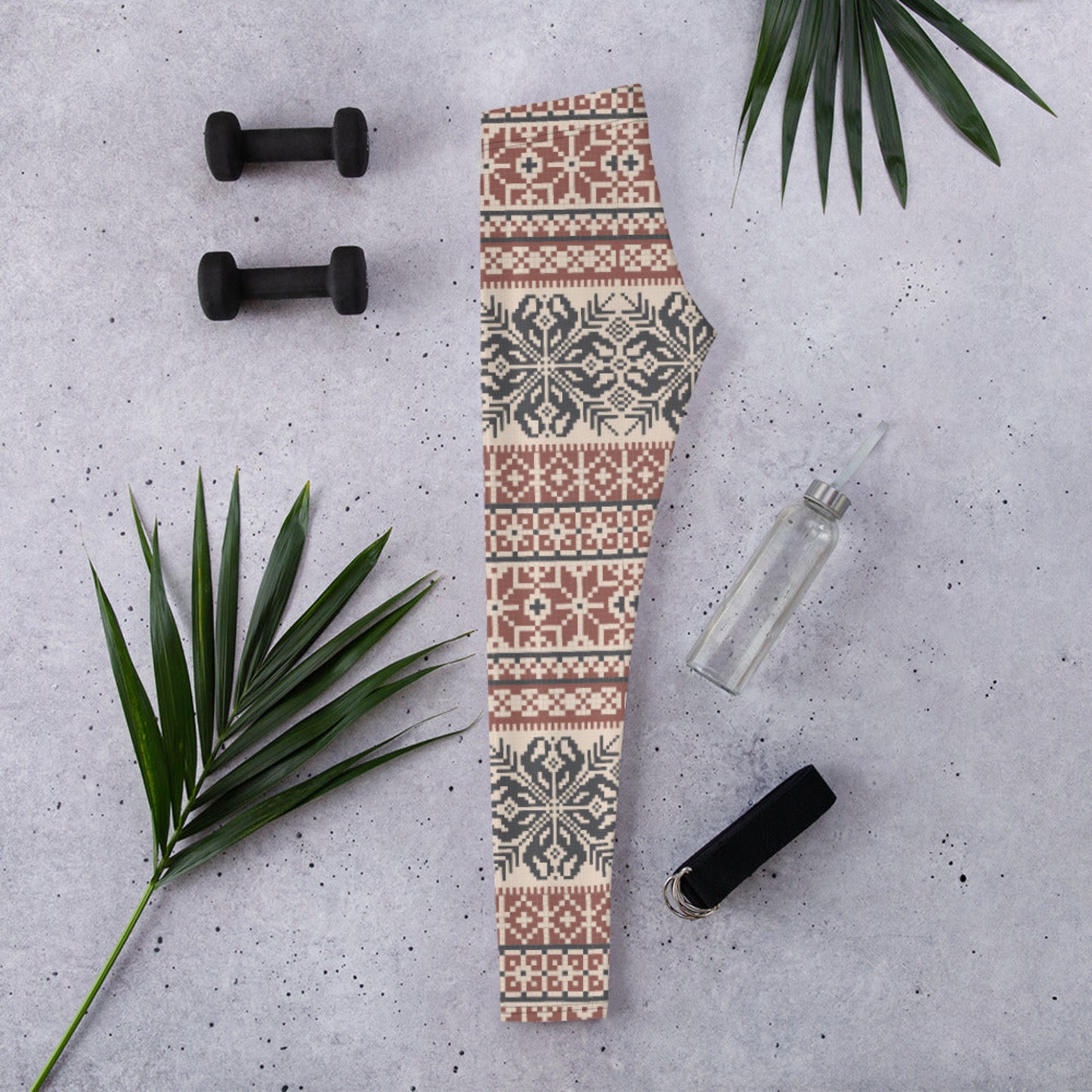 Image: Fair Isle Leggings with a Nordic Snowflake pattern in cream, maroon and navy blue. Scandi Active wear yoga pants for women, by jaecrece