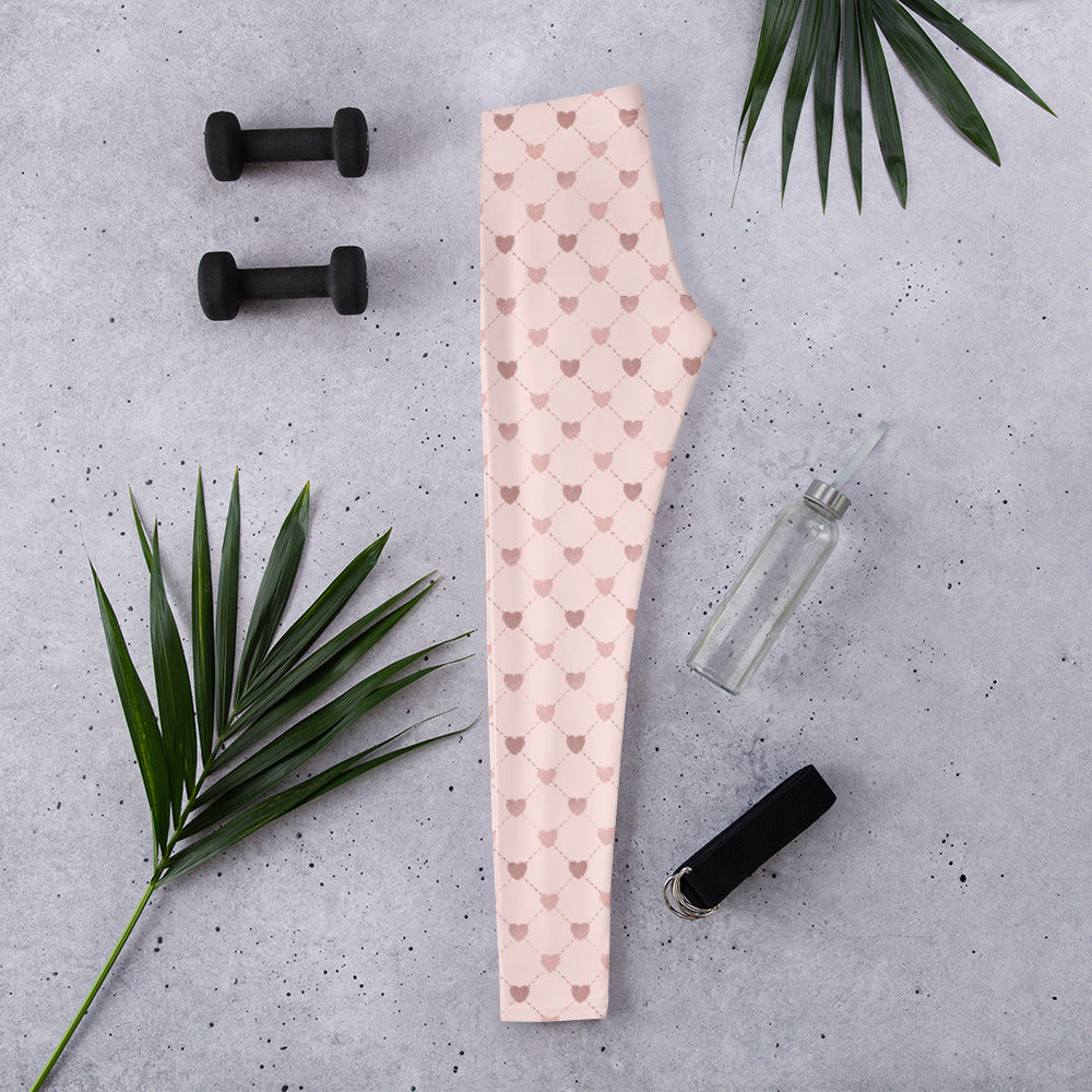 Image: Pale Pink Leggings with dainty heart accents. Available in sizes for toddler girls, teens, tweens and women. Perfect for Valentines day, or any family matching activity, by jaecrece