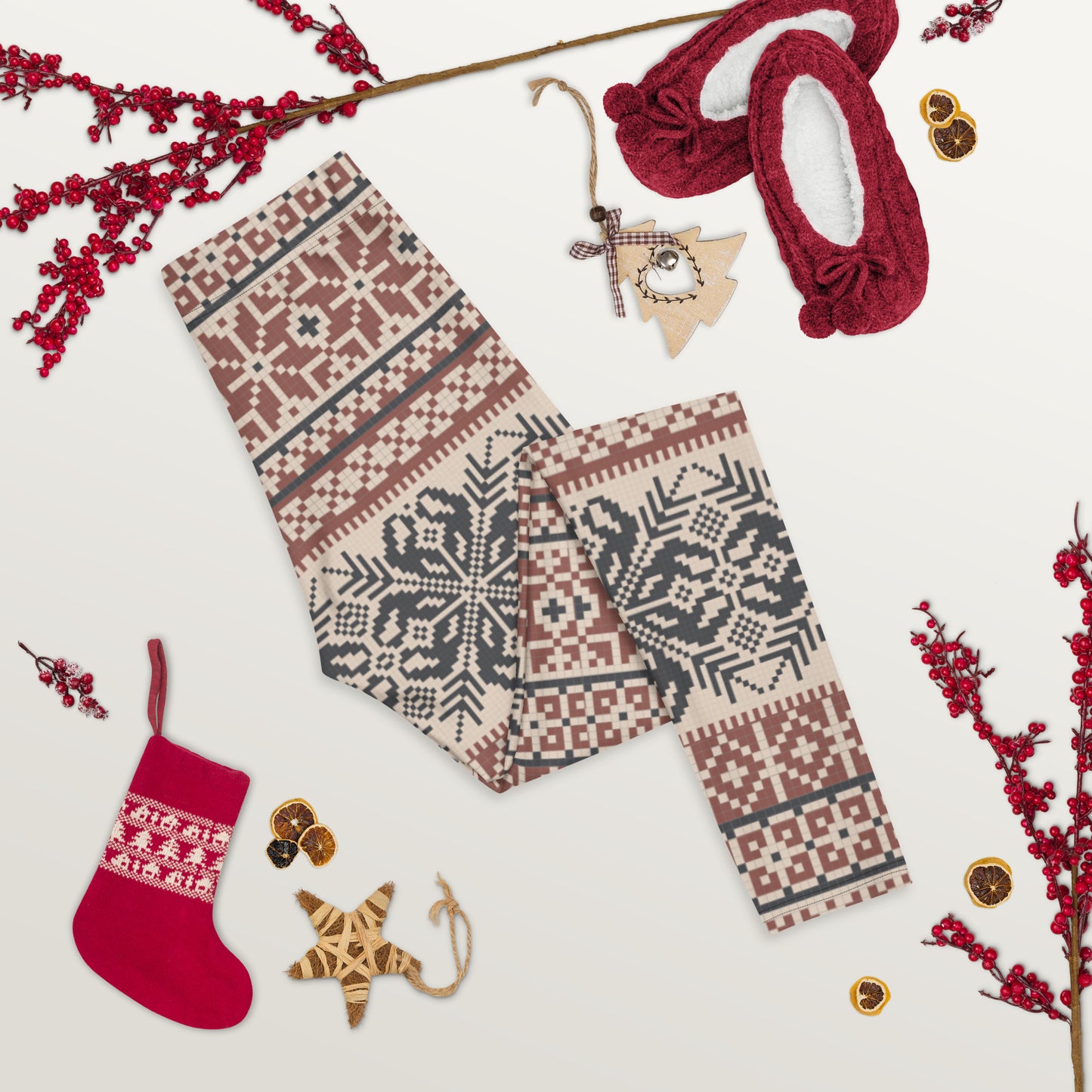 Image: Fair Isle Leggings with a Nordic Snowflake pattern in cream, maroon and navy blue. Scandi Active wear yoga pants for women, by jaecrece