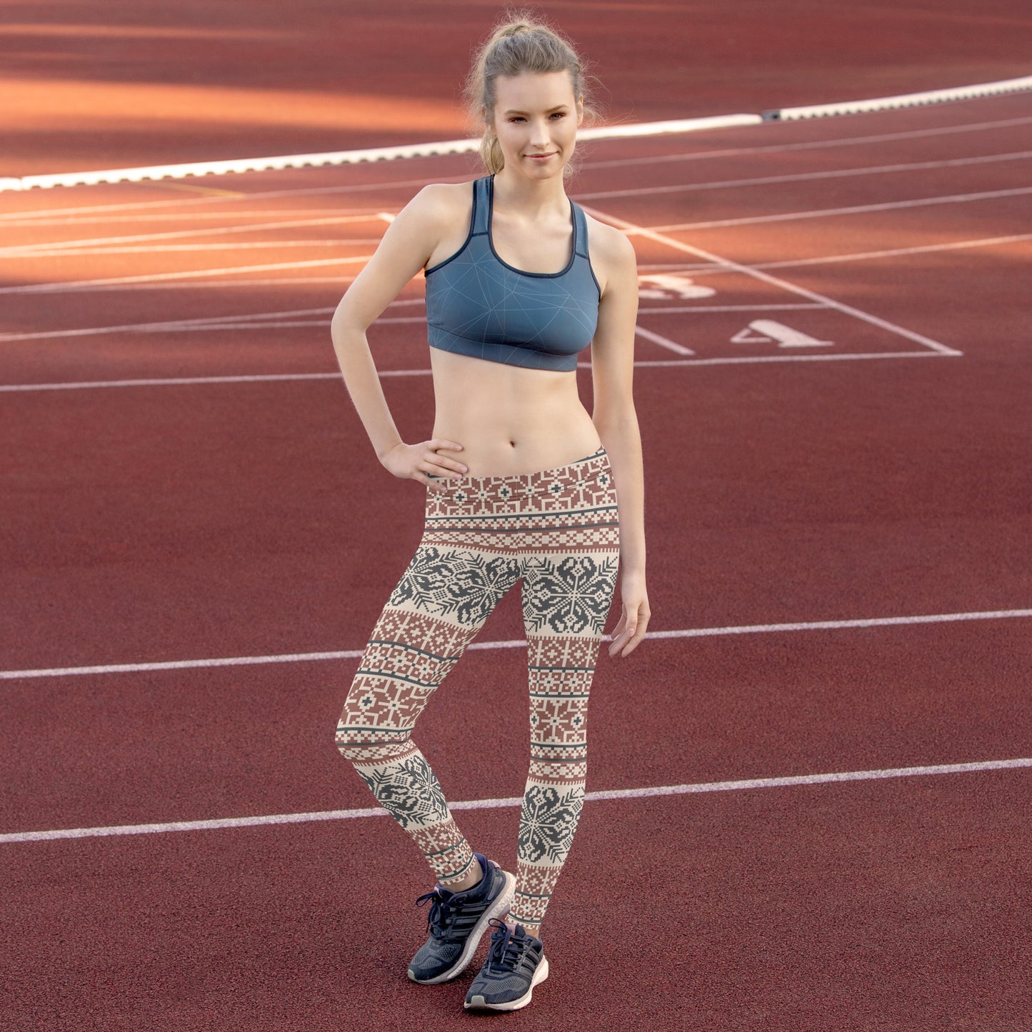 Image: Fair Isle Leggings with a Nordic Snowflake pattern in cream, maroon and navy blue. Scandi Active wear yoga pants for women, by jaecrece