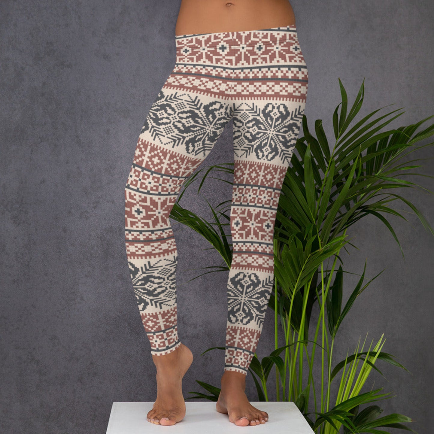 Image: Fair Isle Leggings with a Nordic Snowflake pattern in cream, maroon and navy blue. Scandi Active wear yoga pants for women, by jaecrece