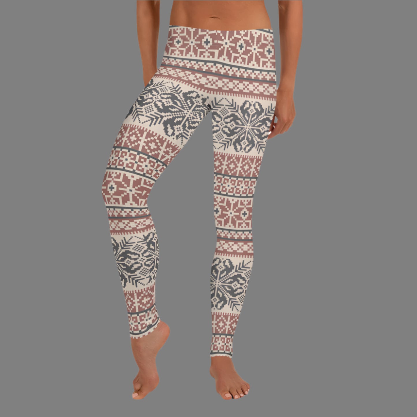 Image: Fair Isle Leggings with a Nordic Snowflake pattern in cream, maroon and navy blue. Scandi Active wear yoga pants for women, by jaecrece