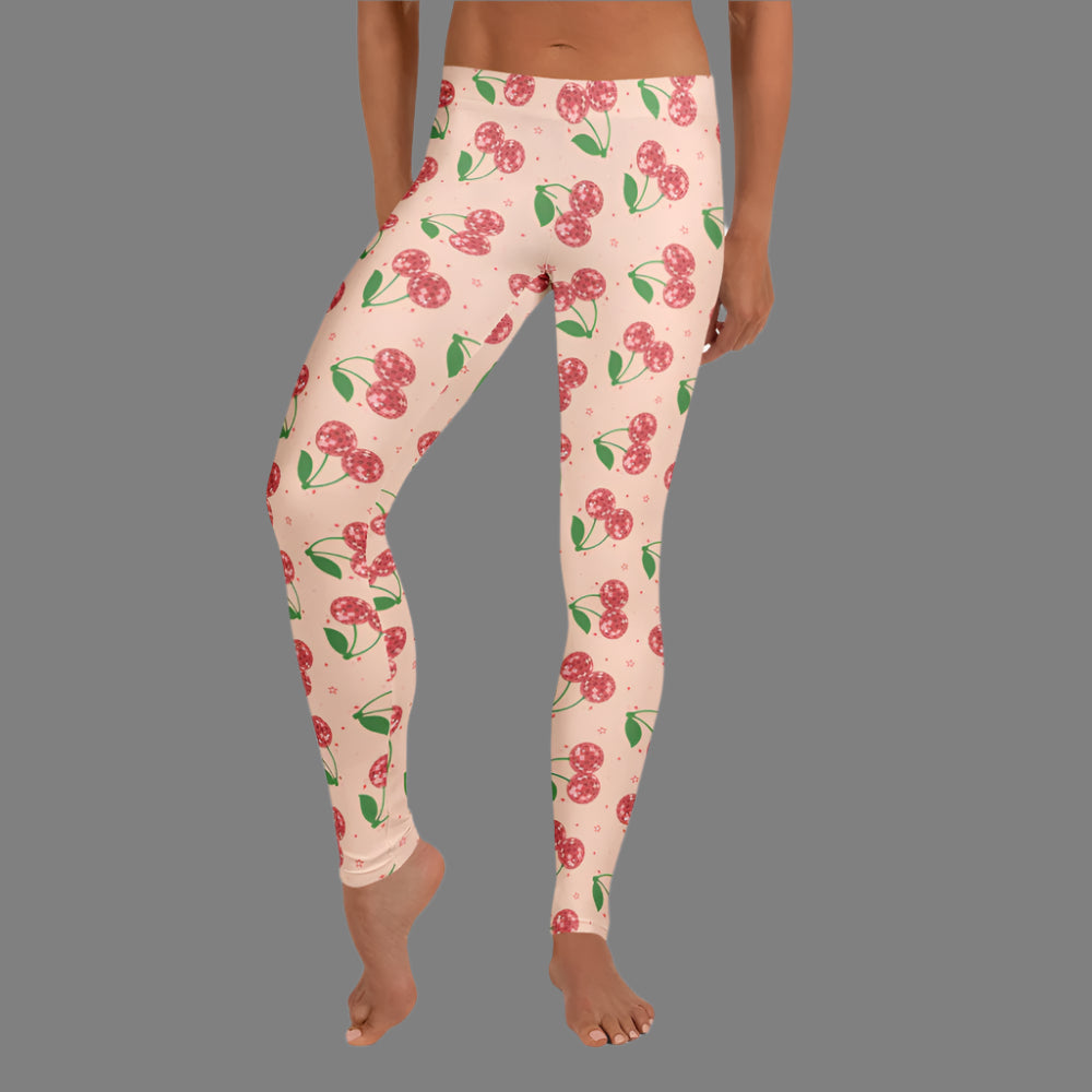 Image: Pink Leggings with red Disco Ball Cherries, available in toddler, girl, teen, tween and ladies sizes. Perfect for Valentines Day, yoga class, bachelorette parties, or mommy and me match outfits, by jaecrece