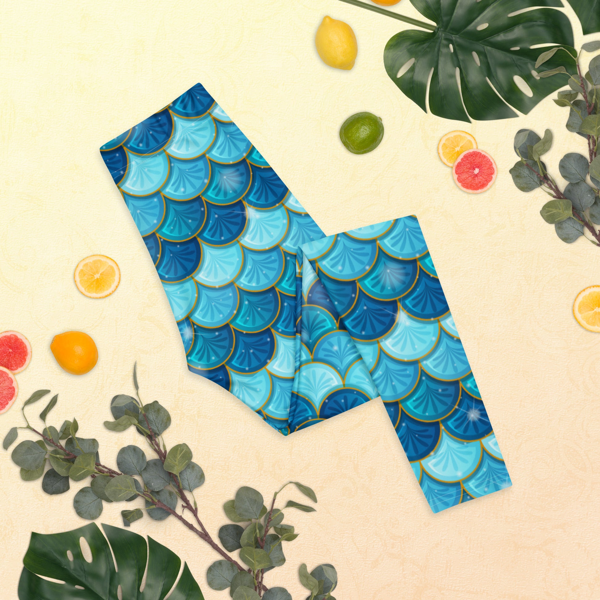 Image: Blue Mermaid Scales Leggings for Women. These mermaidcore aesthetic yoga pants have mermaid scales in shades of blue and teal with gold accents. Perfect for birthday parties, bachelorette parties, or Halloween mermaid costumes, by jaecrece