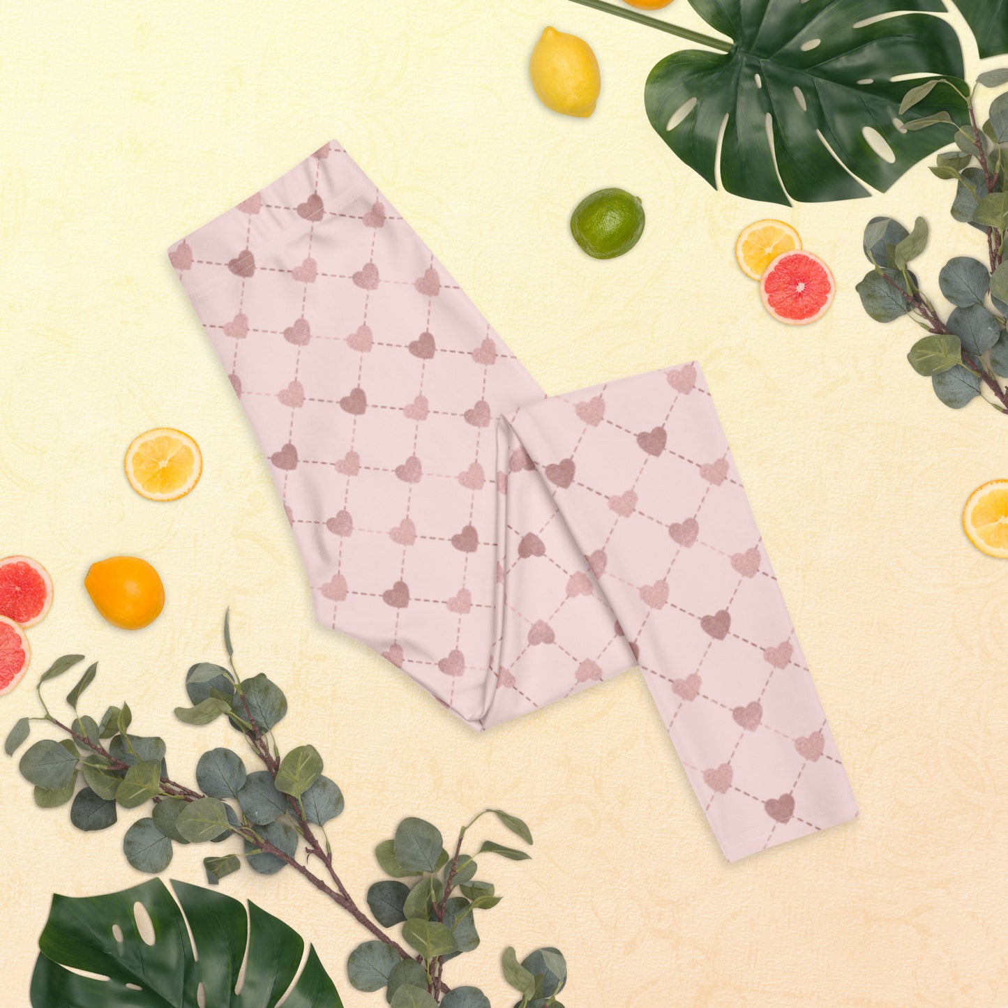 Image: Pale Pink Leggings with dainty heart accents. Available in sizes for toddler girls, teens, tweens and women. Perfect for Valentines day, or any family matching activity, by jaecrece