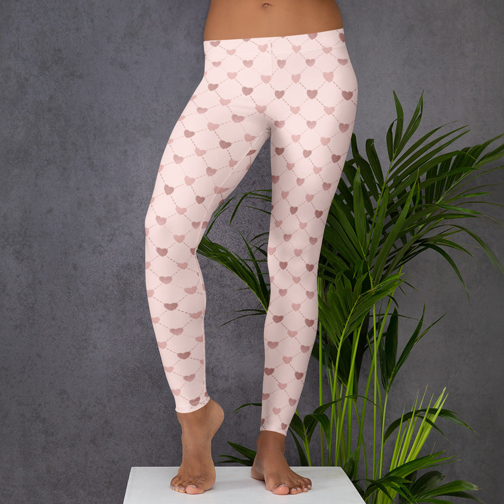 Image: Pale Pink Leggings with dainty heart accents. Available in sizes for toddler girls, teens, tweens and women. Perfect for Valentines day, or any family matching activity, by jaecrece