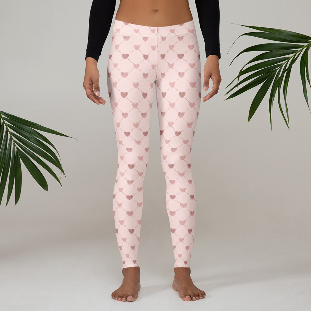 Image: Pale Pink Leggings with dainty heart accents. Available in sizes for toddler girls, teens, tweens and women. Perfect for Valentines day, or any family matching activity, by jaecrece