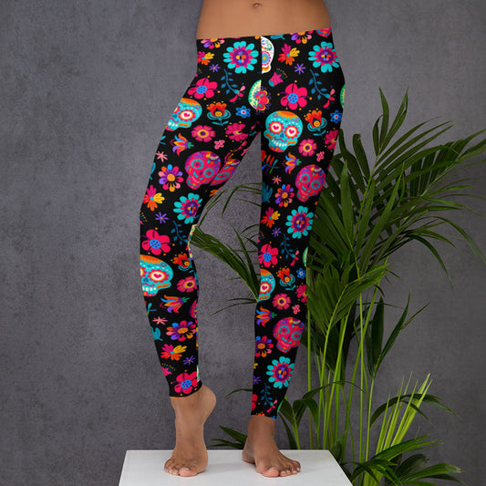 Celebrate Día de los Muertos in style with these women’s mid-rise leggings featuring a vibrant sugar skull print. Perfect for Halloween events, fall festivals, and cultural celebrations, these stretchy leggings are made from a soft polyester-spandex blend for comfort and movement. Designed to match toddler and youth sizes for festive family sets. Ideal for spooky season, skull print lovers, and colorful fall wardrobes.