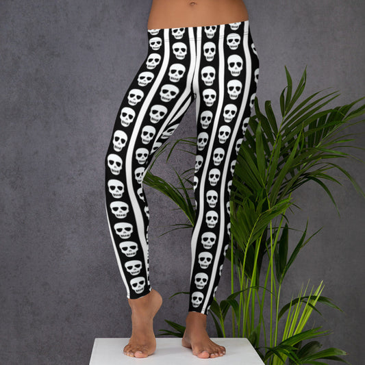 Image: Bold and edgy, these women’s leggings feature alternating black and white vertical stripes with a row of skulls running down each leg. Designed for those who love gothic fashion or punk-inspired style, these leggings are both comfortable and striking. Available in sizes XS through XL, they are ideal for concerts, festivals, or anyone looking to make a bold fashion statement with skulls and stripes, by jaecrece.