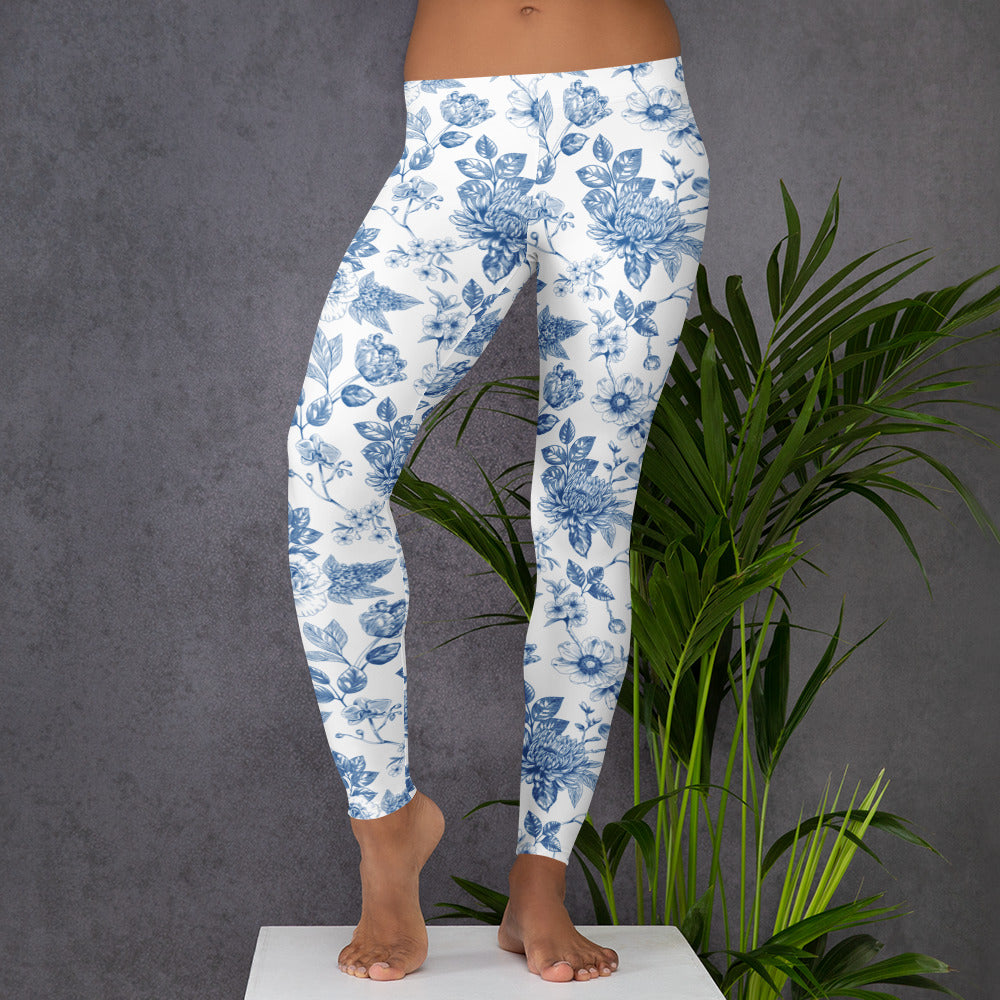 Image: Elegant women’s leggings with a soft blue toile design inspired by French vintage art. Sizes XS to XL offer a flattering fit in stretchy, breathable fabric. Ideal for pairing with neutrals or denim, these leggings work well for casual days or garden parties. Add to your spring or summer wardrobe and match with your child for a cohesive family look, by jaecrece.