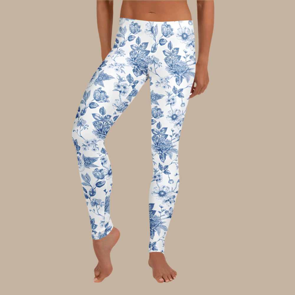 Image: Blue toile leggings for women that blend vintage French flair with modern fit and function. Designed in a soft stretchy fabric, these leggings are perfect for stylish moms, relaxed weekends, or coordinated family looks. Available in XS to XL and ideal for spring and summer wear. Whether lounging at home or taking family photos, these leggings make a statement, by jaecrece.