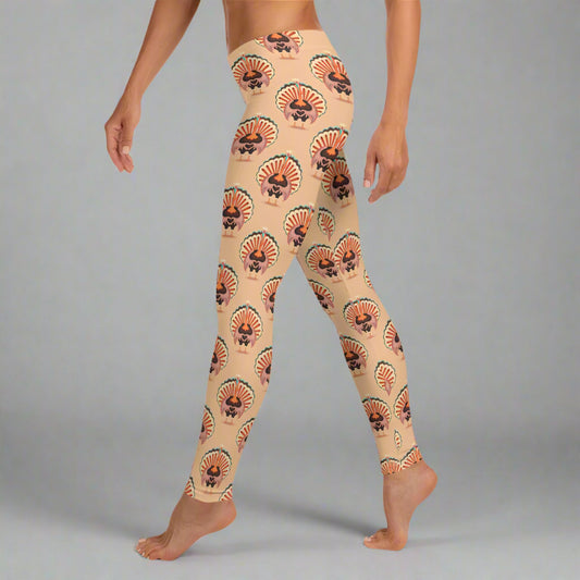 Thanksgiving Turkey Love ladies leggings. These womens yoga pants are peach, and have a repeating pattern of turkeys showing the love sign with their hands. These womens tights make a great gift, or a family matching outfit for the Turkey Trot! by jaecrece