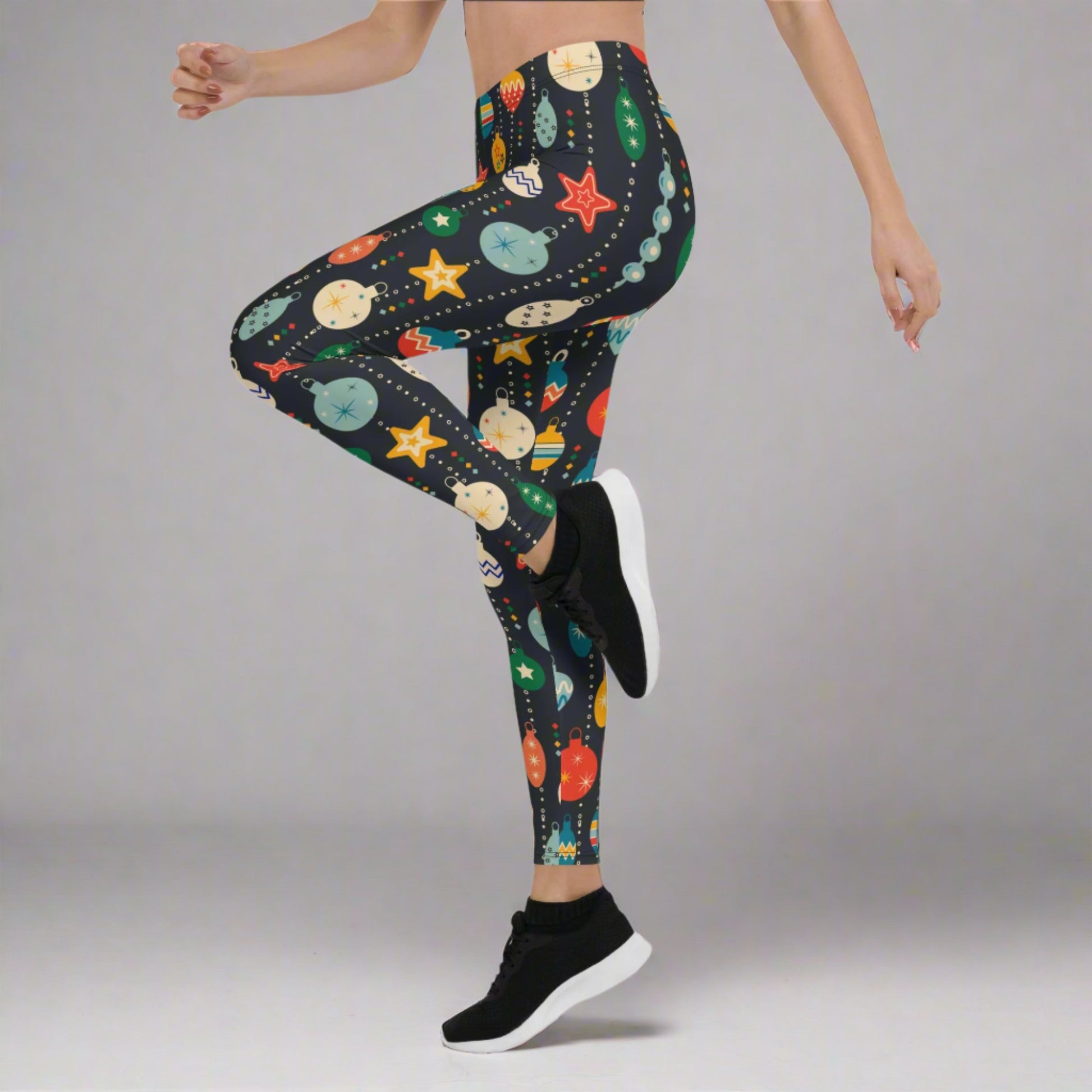 Vintage Mid Century Modern Christmas Ornament leggings. Cute Xmas printed navy yoga pants with festive retro design. Ideal for toddler girls, youth, teens, and tweens, and women for a holiday party, yoga workout session, or Mommy and Me Match gift.