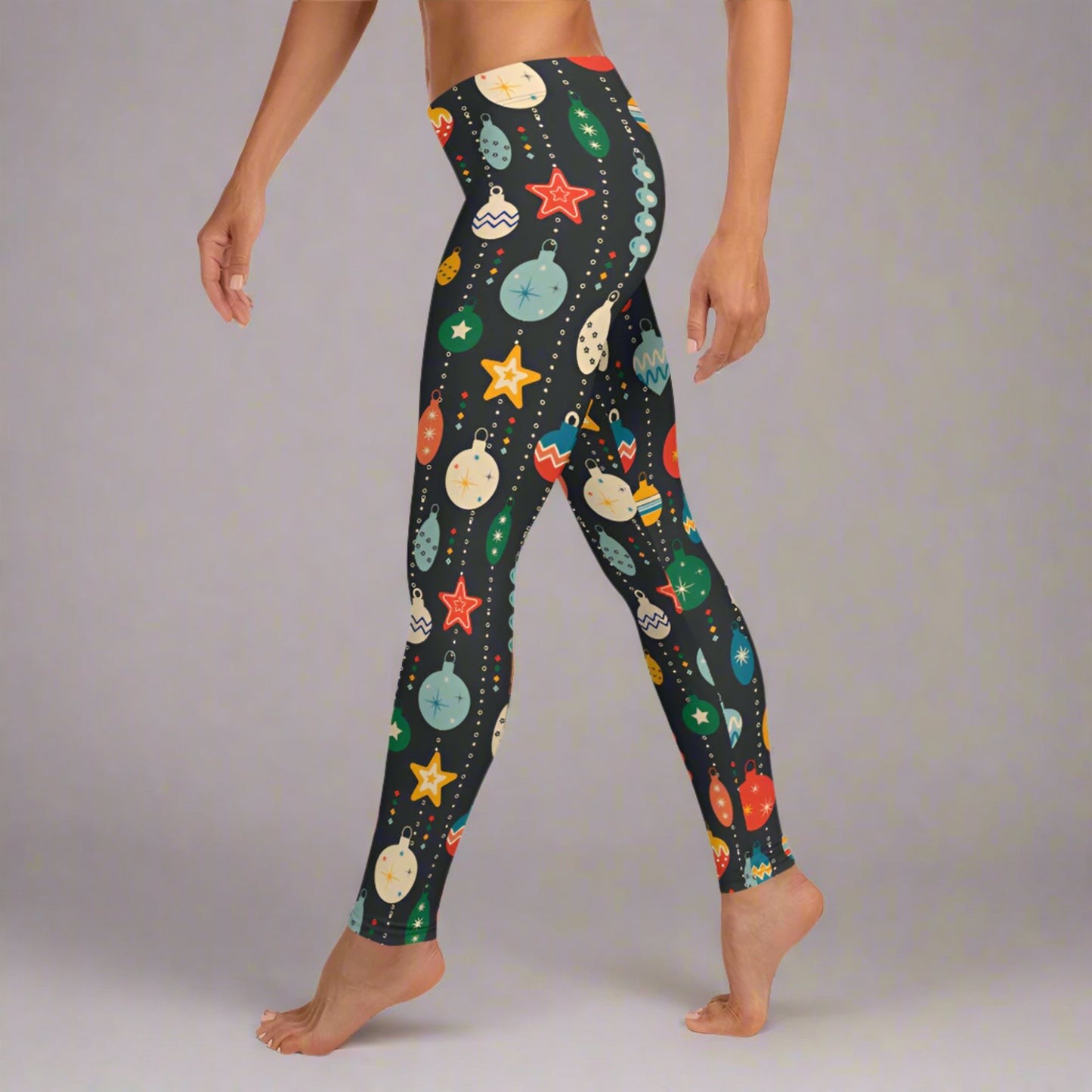 Vintage Mid Century Modern Christmas Ornament leggings. Cute Xmas printed navy yoga pants with festive retro design. Ideal for toddler girls, youth, teens, and tweens, and women for a holiday party, yoga workout session, or Mommy and Me Match gift.