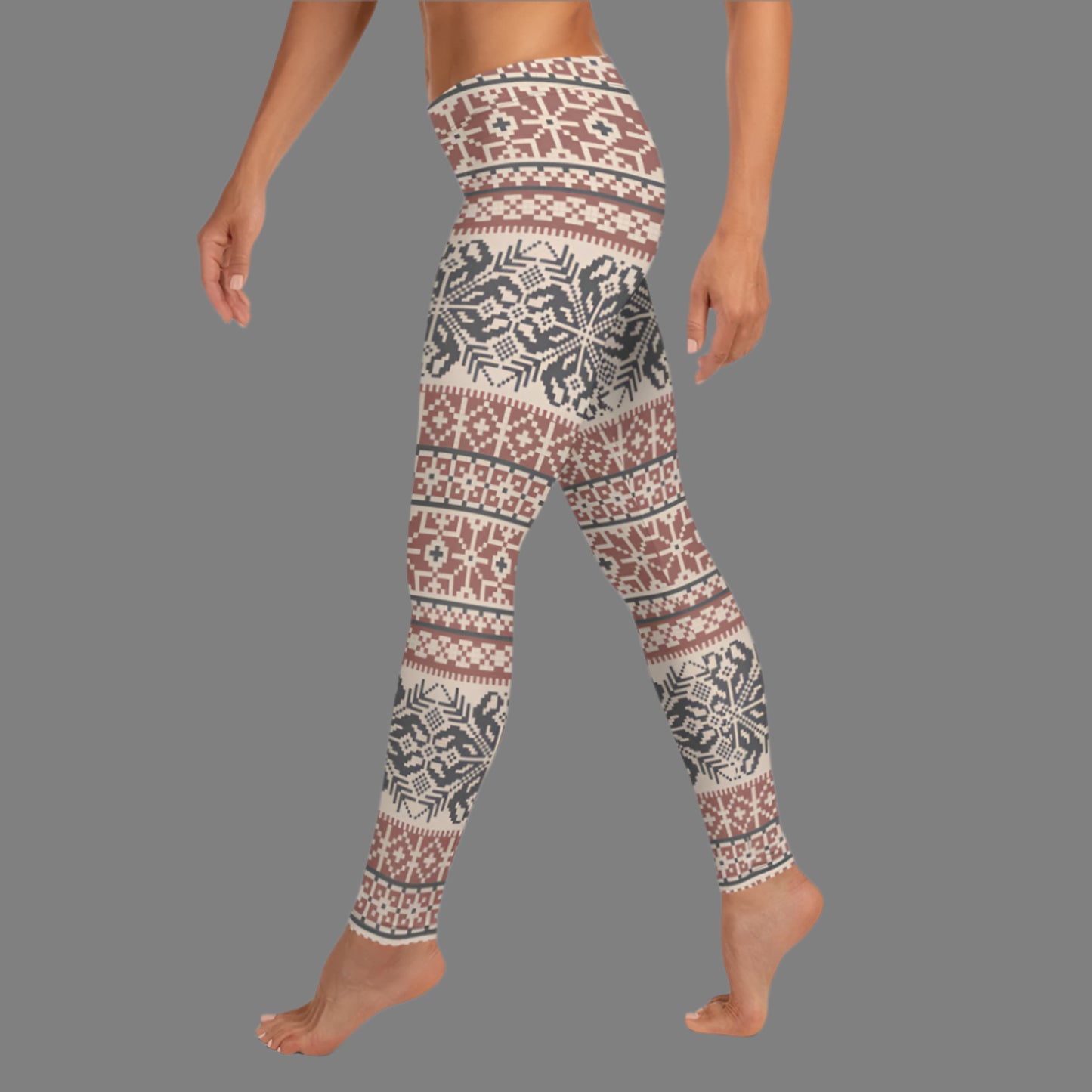 Image: Fair Isle Leggings with a Nordic Snowflake pattern in cream, maroon and navy blue. Scandi Active wear yoga pants for women, by jaecrece