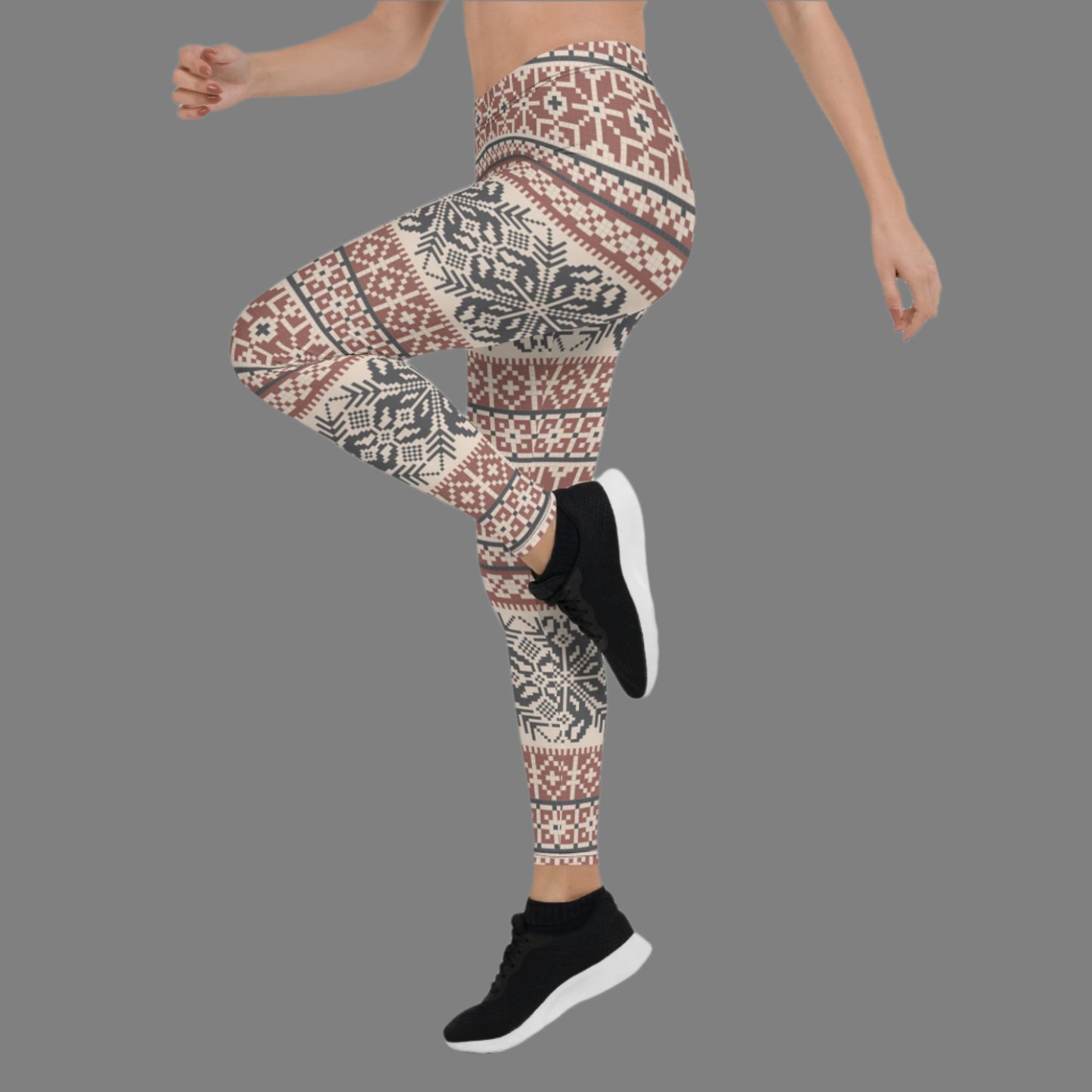 Image: Fair Isle Leggings with a Nordic Snowflake pattern in cream, maroon and navy blue. Scandi Active wear yoga pants for women, by jaecrece