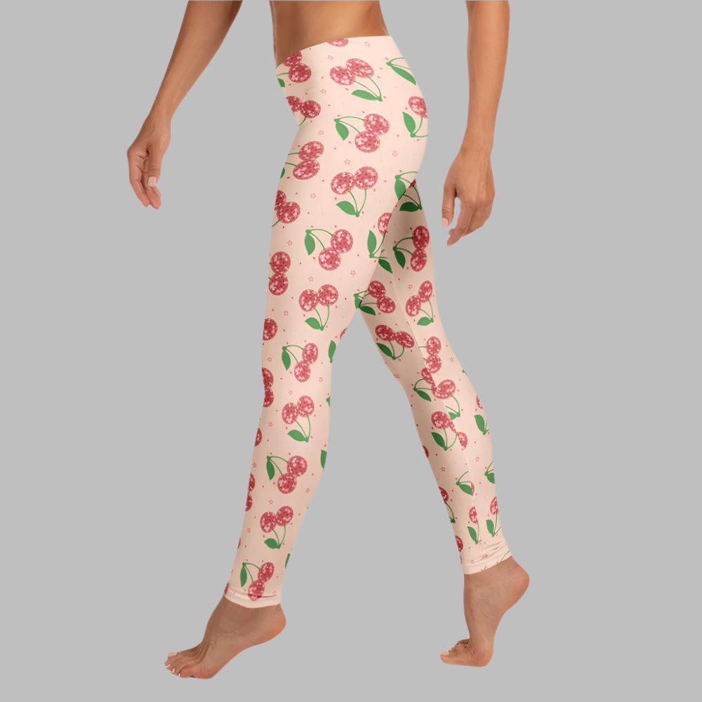 Image: Pink Leggings with red Disco Ball Cherries, available in toddler, girl, teen, tween and ladies sizes. Perfect for Valentines Day, yoga class, bachelorette parties, or mommy and me match outfits, by jaecrece