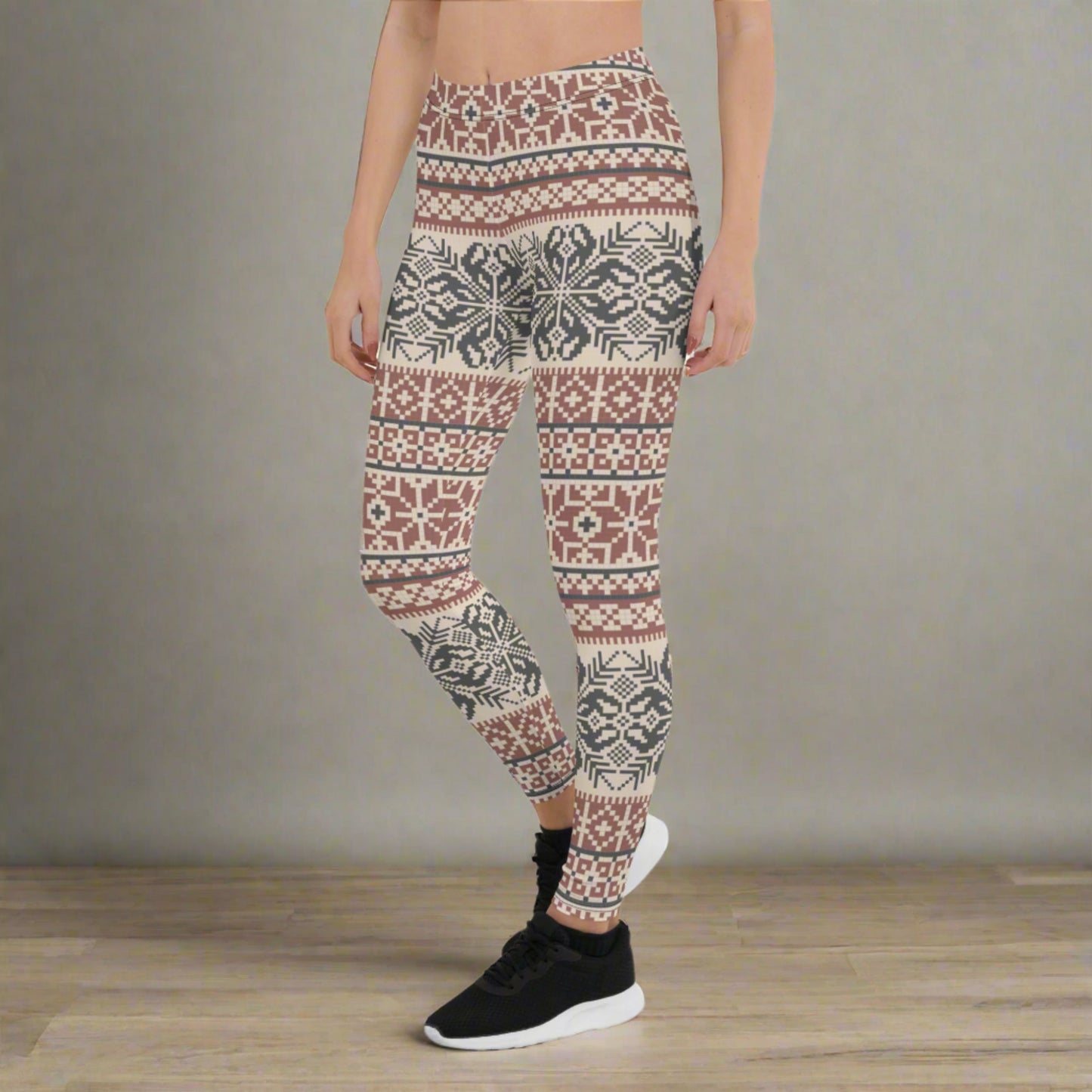 Image: Fair Isle Leggings with a Nordic Snowflake pattern in cream, maroon and navy blue. Scandi Active wear yoga pants for women, by jaecrece