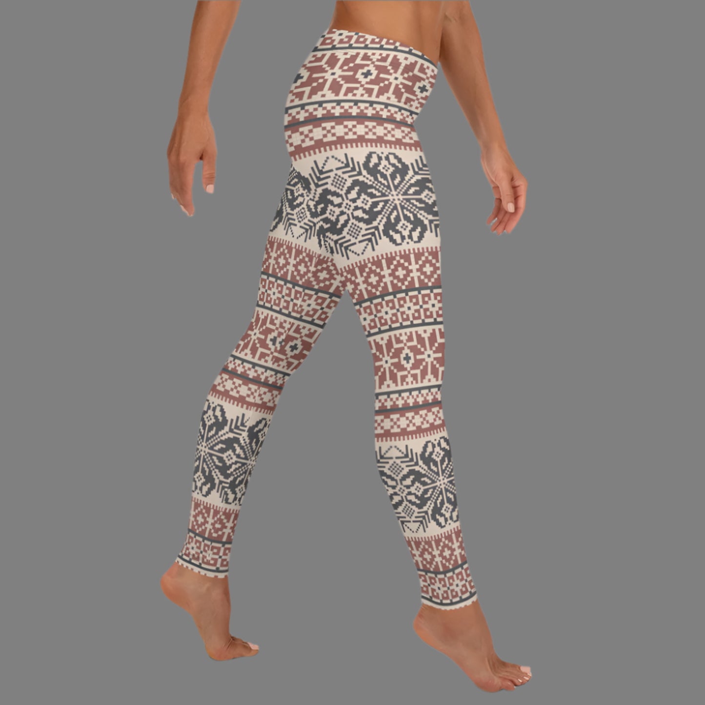 Image: Fair Isle Leggings with a Nordic Snowflake pattern in cream, maroon and navy blue. Scandi Active wear yoga pants for women, by jaecrece