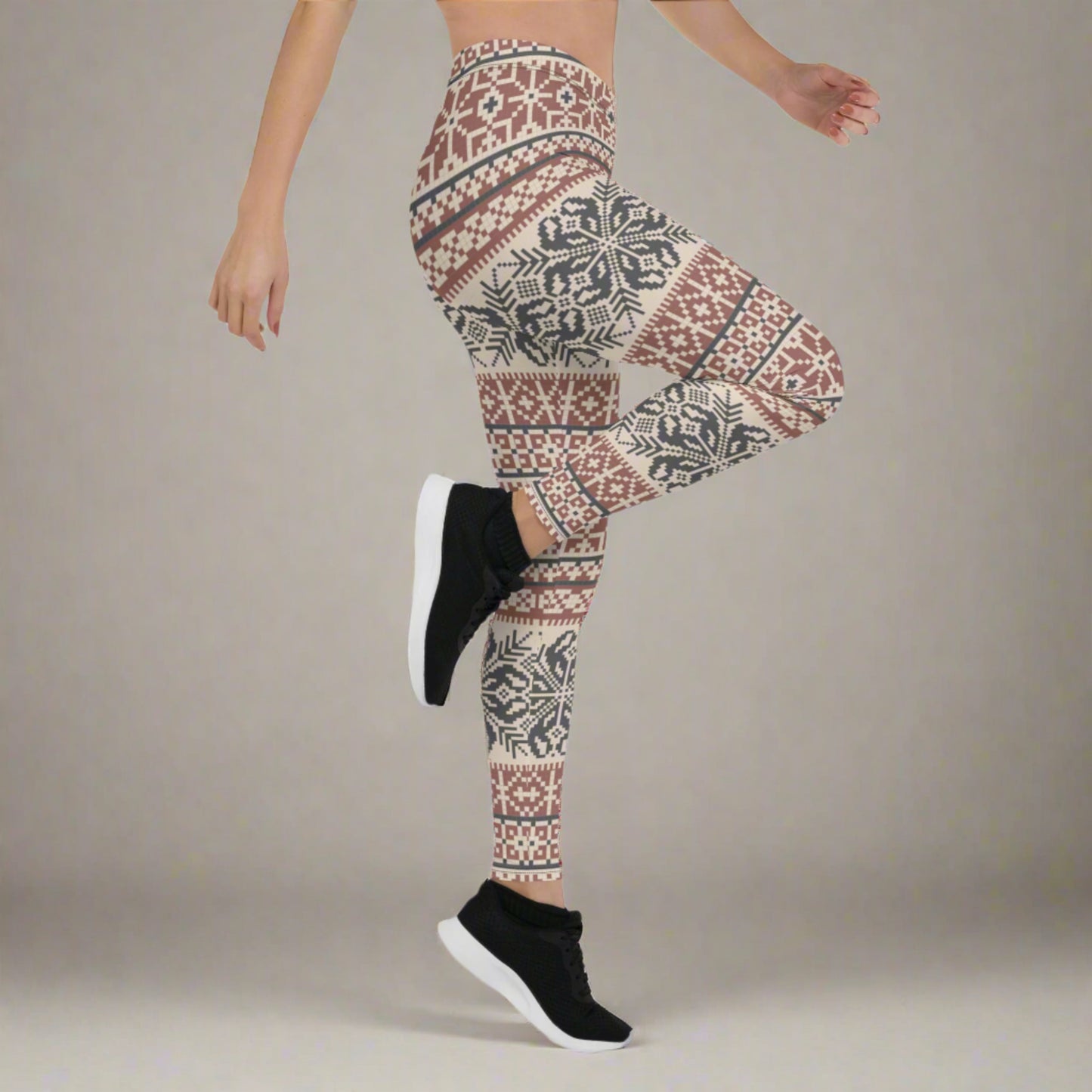 Image: Fair Isle Leggings with a Nordic Snowflake pattern in cream, maroon and navy blue. Scandi Active wear yoga pants for women, by jaecrece