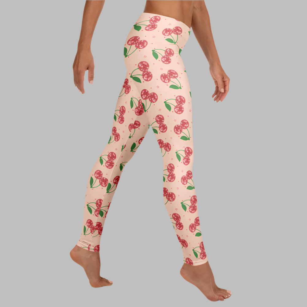 Image: Pink Leggings with red Disco Ball Cherries, available in toddler, girl, teen, tween and ladies sizes. Perfect for Valentines Day, yoga class, bachelorette parties, or mommy and me match outfits, by jaecrece