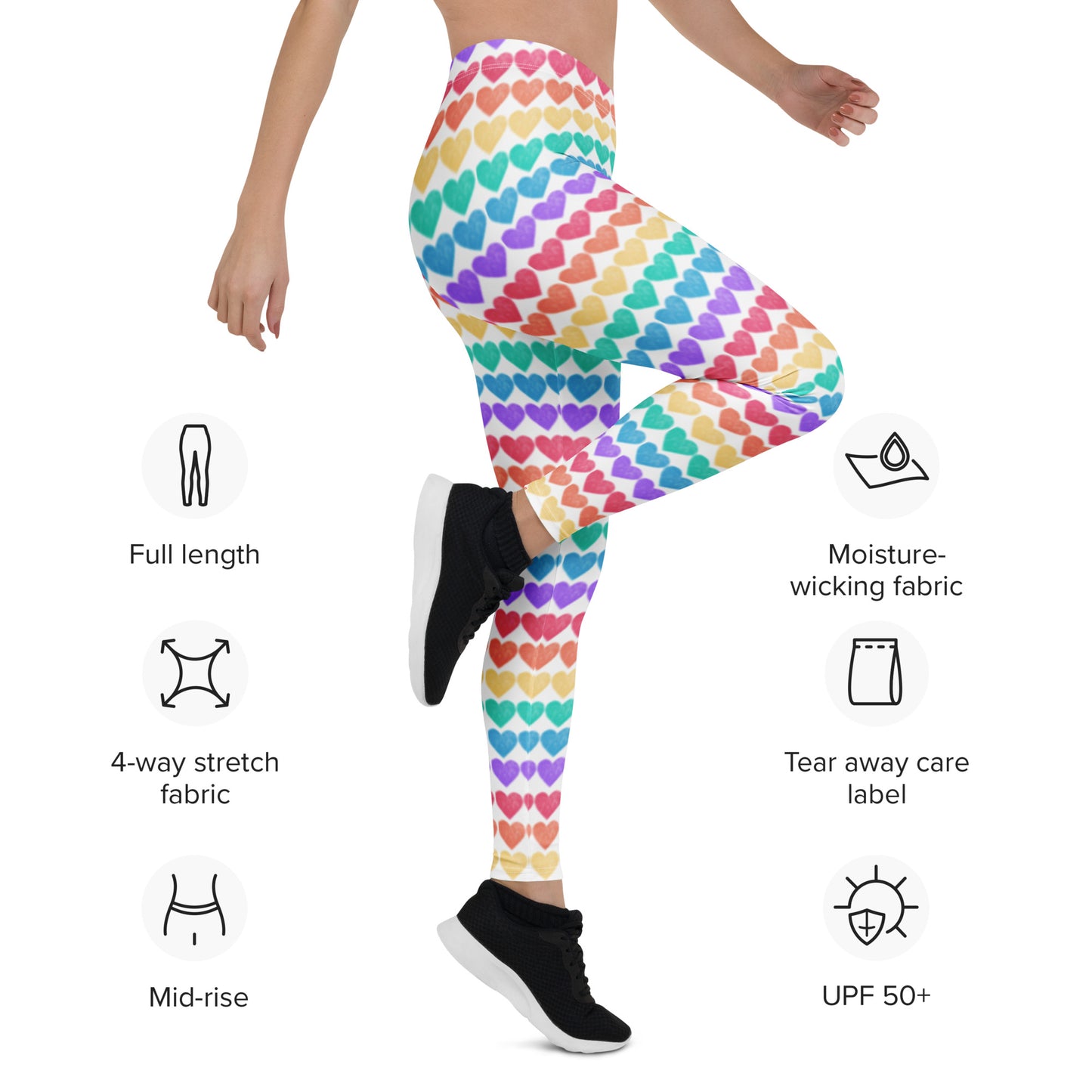 Full-length Women’s Rainbow Hearts Leggings are the perfect combination of comfort and color. Featuring rows of rainbow hearts, a mid-rise waistband, and ultra-soft microfiber fabric, these leggings are great for Pride celebrations, fun runs, or colorful errands. With matching styles for kids, they’re a fun and functional choice for family matching moments all year round.