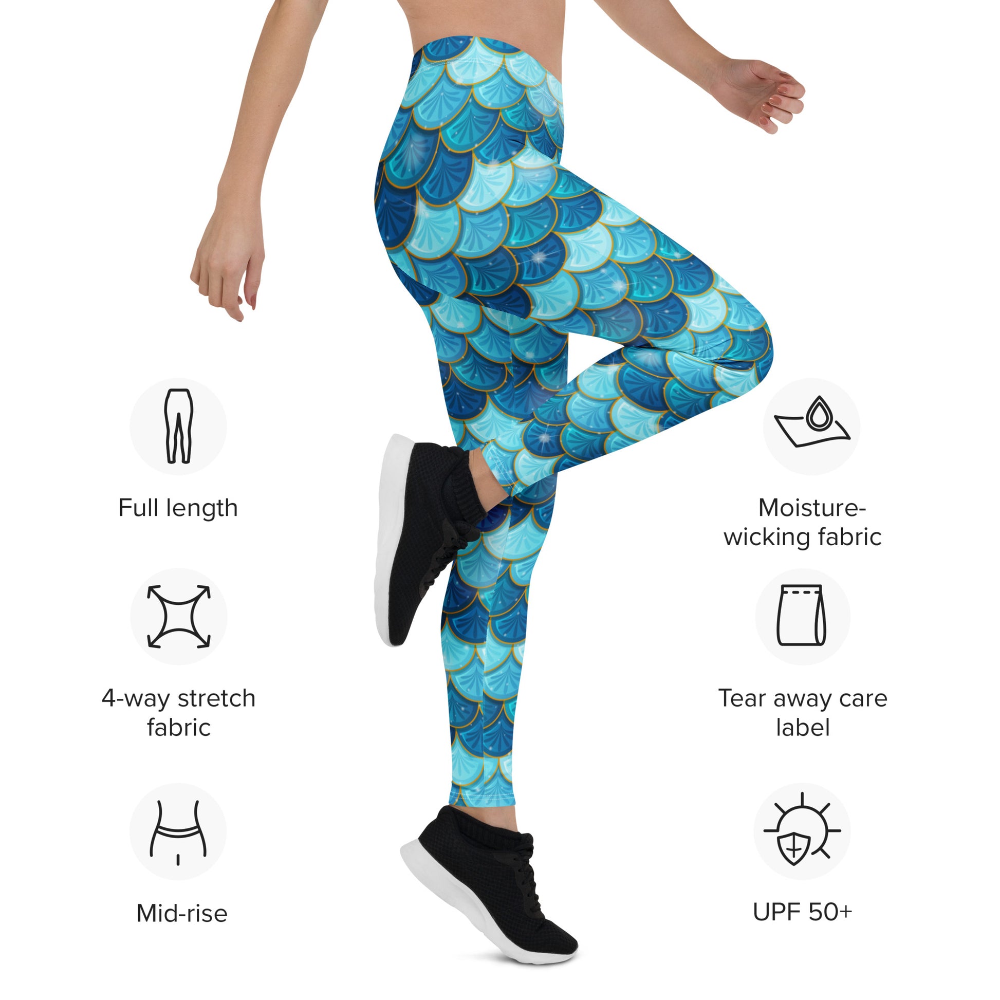 Image: Blue Mermaid Scales Leggings for Women. These mermaidcore aesthetic yoga pants have mermaid scales in shades of blue and teal with gold accents. Perfect for birthday parties, bachelorette parties, or Halloween mermaid costumes, by jaecrece